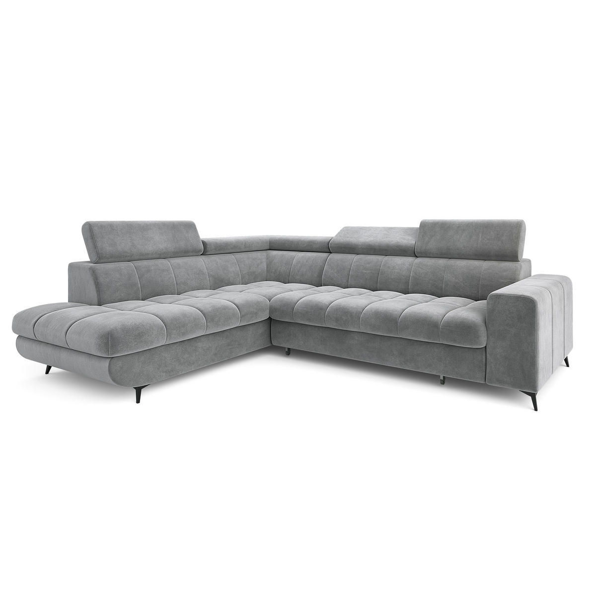 ECKSOFA MORIVA L-S Hellgrau Velours-Stoff mit Schlaffunktion - Hellgrau, Holz (253/190cm) - MASSENO