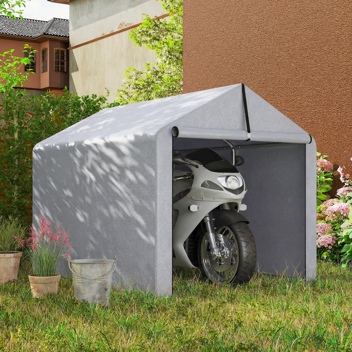GARAGENZELT PE Galvanisierter Stahl Hellgrau - Hellgrau, Kunststoff (162/163/221.5cm) - Outsunny