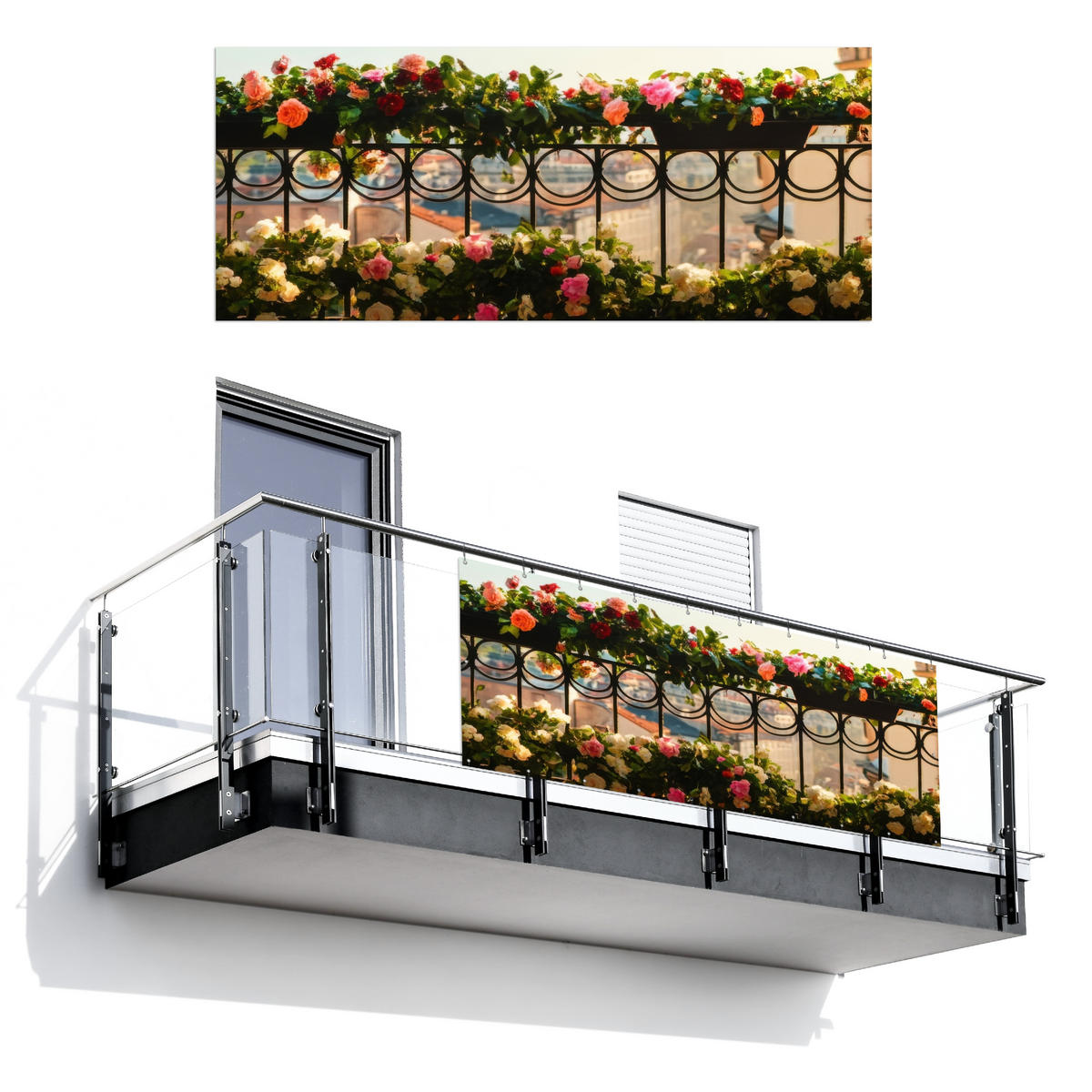 BALKON-SICHTSCHUTZ Blumen - Zaun - Stadtbild - Sommer - Pink, Kunststoff (300/120cm) - MuchoWow