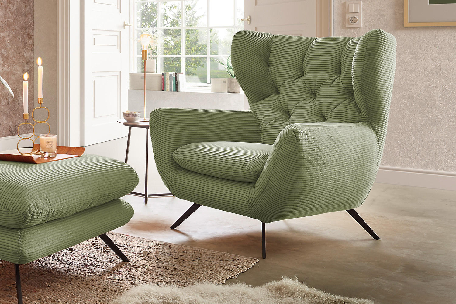 Thumbnail - Kawola Sitzgruppe, Grün, Textil, Echtholz, Füllung: Komfortschaum, 200x94x95 cm, Wohnzimmer, Sofas & Couches, Sitzgarnit...