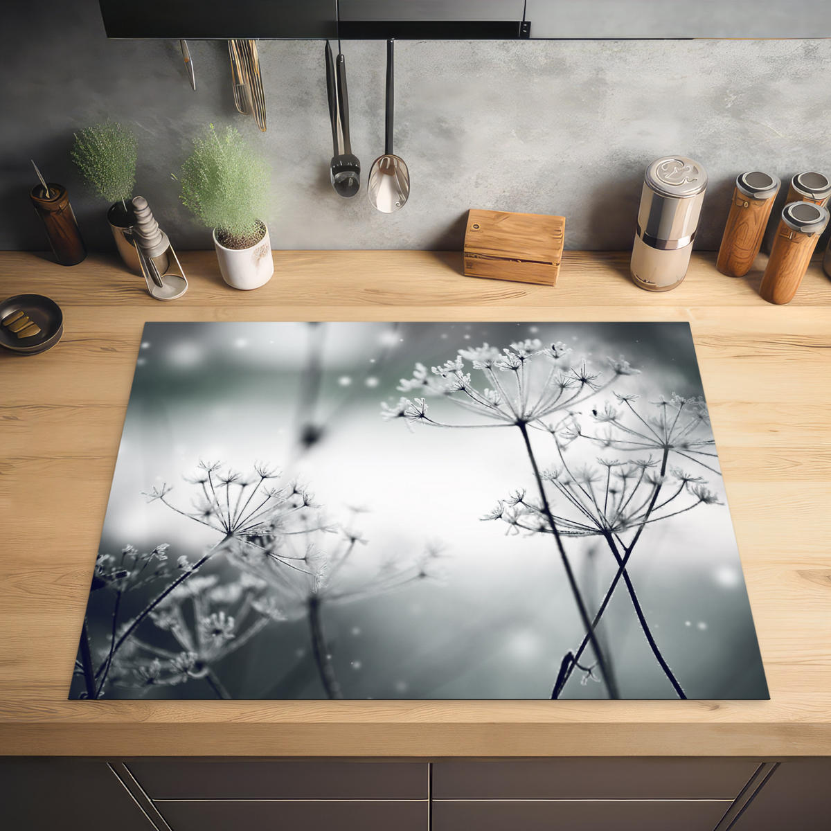 HERDABDECKPLATTE Blumen - Winter - Schnee - Natur Induktionsmatte 77x59 cm - Grau, Kunststoff (77/59/0.2cm) - MuchoWow