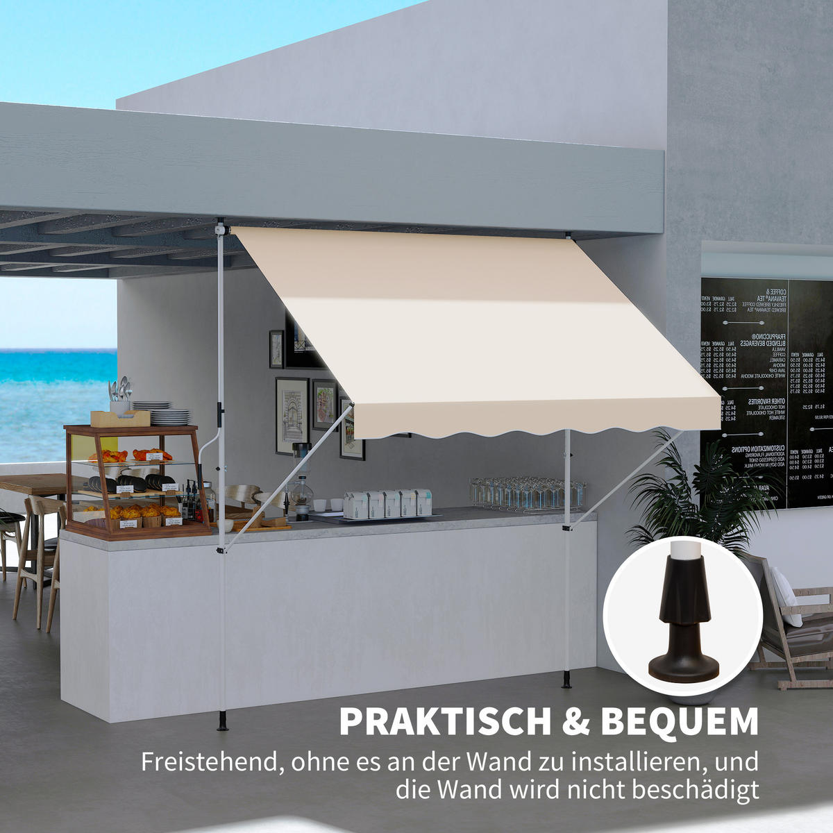 KLEMMMARKISE mit Handkurbel, höhenverstellbare Gelenkarmmarkise, 150 cm breit, Balkonmarkise Beige - Beige, Metall (300/280/150cm)