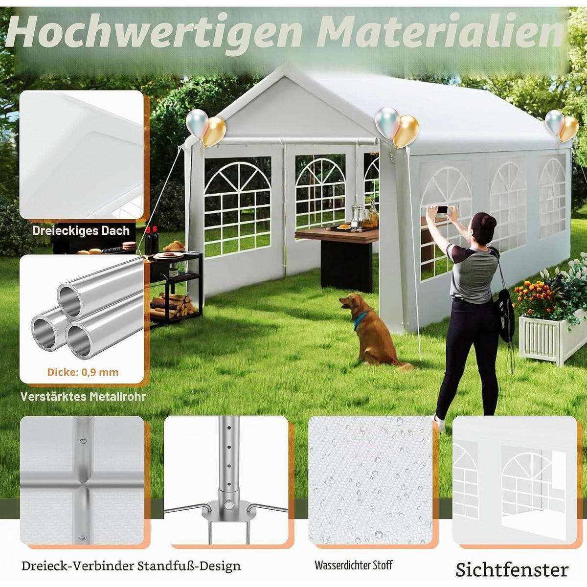GARTENZELT 3 x 6 m Weiß mit 4 Seitenwänden - Weiß, Textil (300/280/600cm)