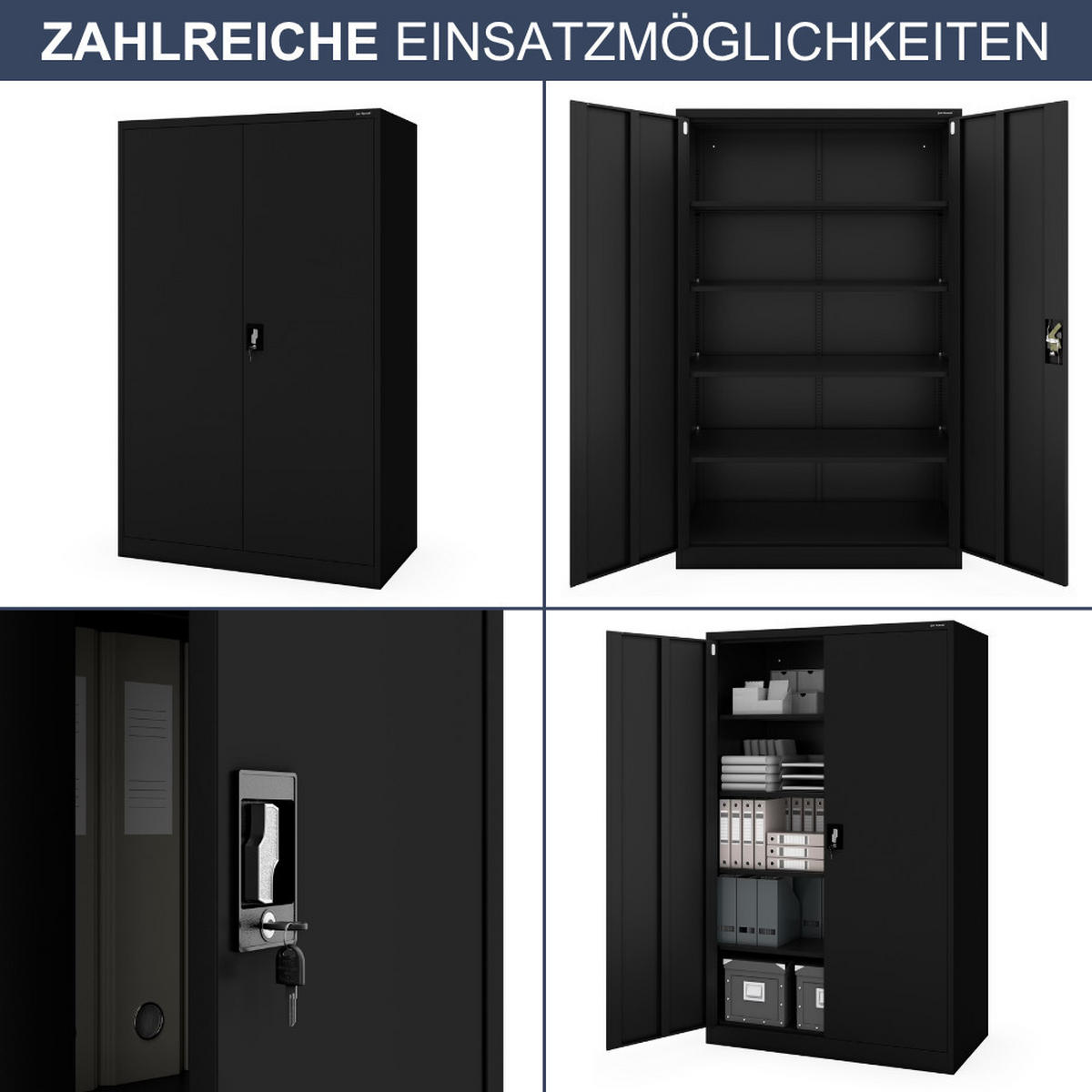 AKTENSCHRANK abschließbar KADO Flügeltüren 185x115x60cm Schwarz - Schwarz, Metall (115/185/60cm) - DELUKE
