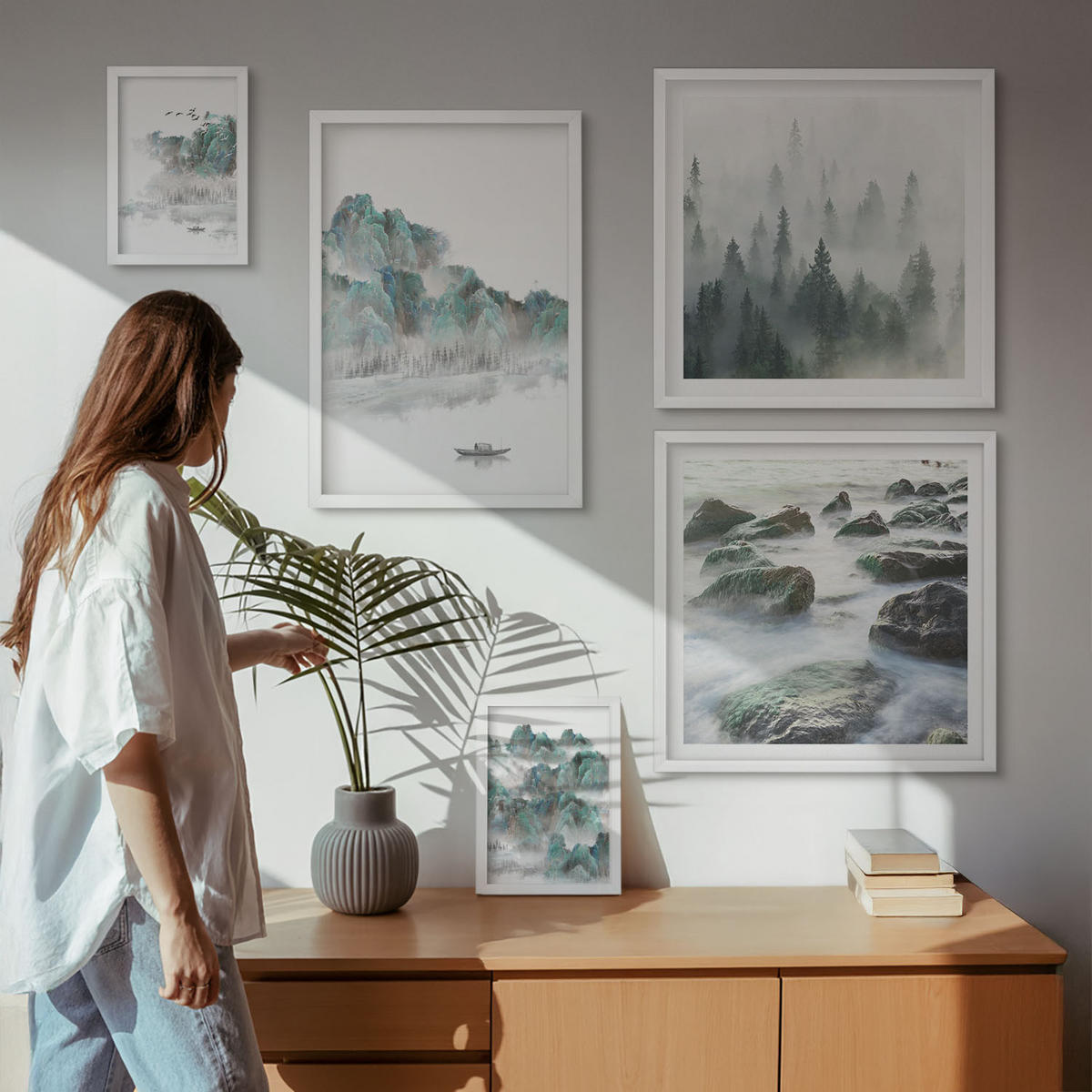 WANDBILDER 5er-Set - 50x50 cm & 20x30 cm & 40x60 cm Weißer Rahmen - Sommerwiesenblumen Sonnenuntergang - Weiß, Kunststoff (40/60cm) - ArtPrintCave
