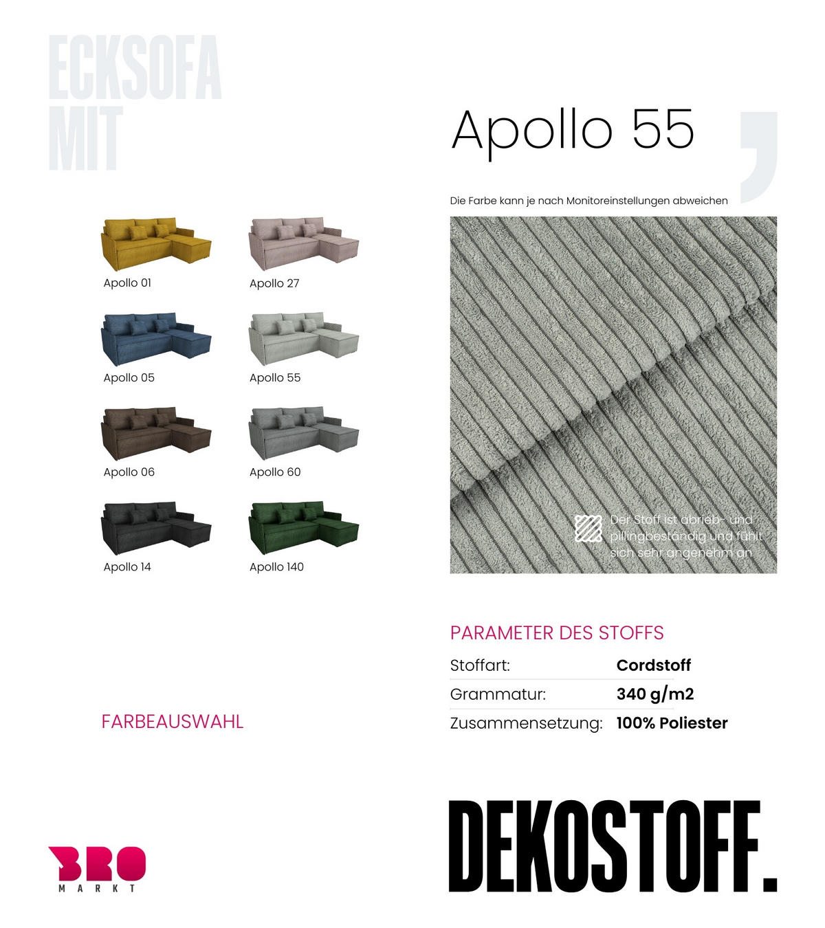 ECKSOFA Atlantic mit Schlaffunktion Grau Cord - Hellgrau, Textil (238/141cm) - Bromarkt