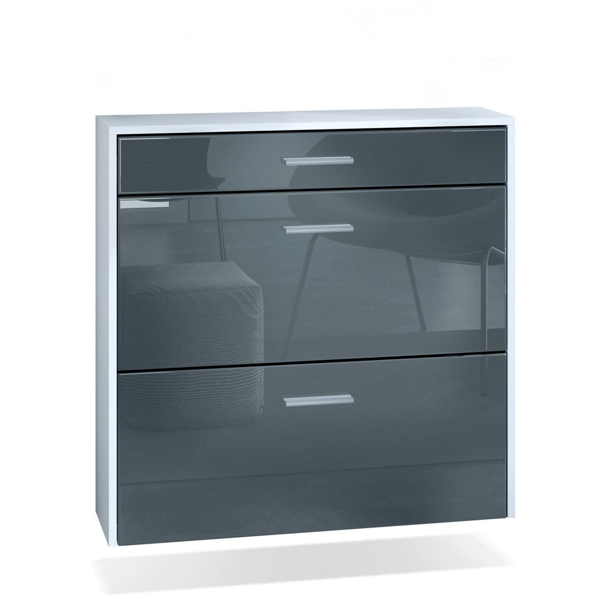 HÄNGENDER-SCHUHSCHRANK Roma Air Schmal mit 2 Klappen und 1 Schublade, Platzsparender Schuhkipper, Weiß matt/Grau Hochglanz (89 x 87 x 23 cm) - Grau, Holzwerkstoff (89/87/23cm) - InnoFurn