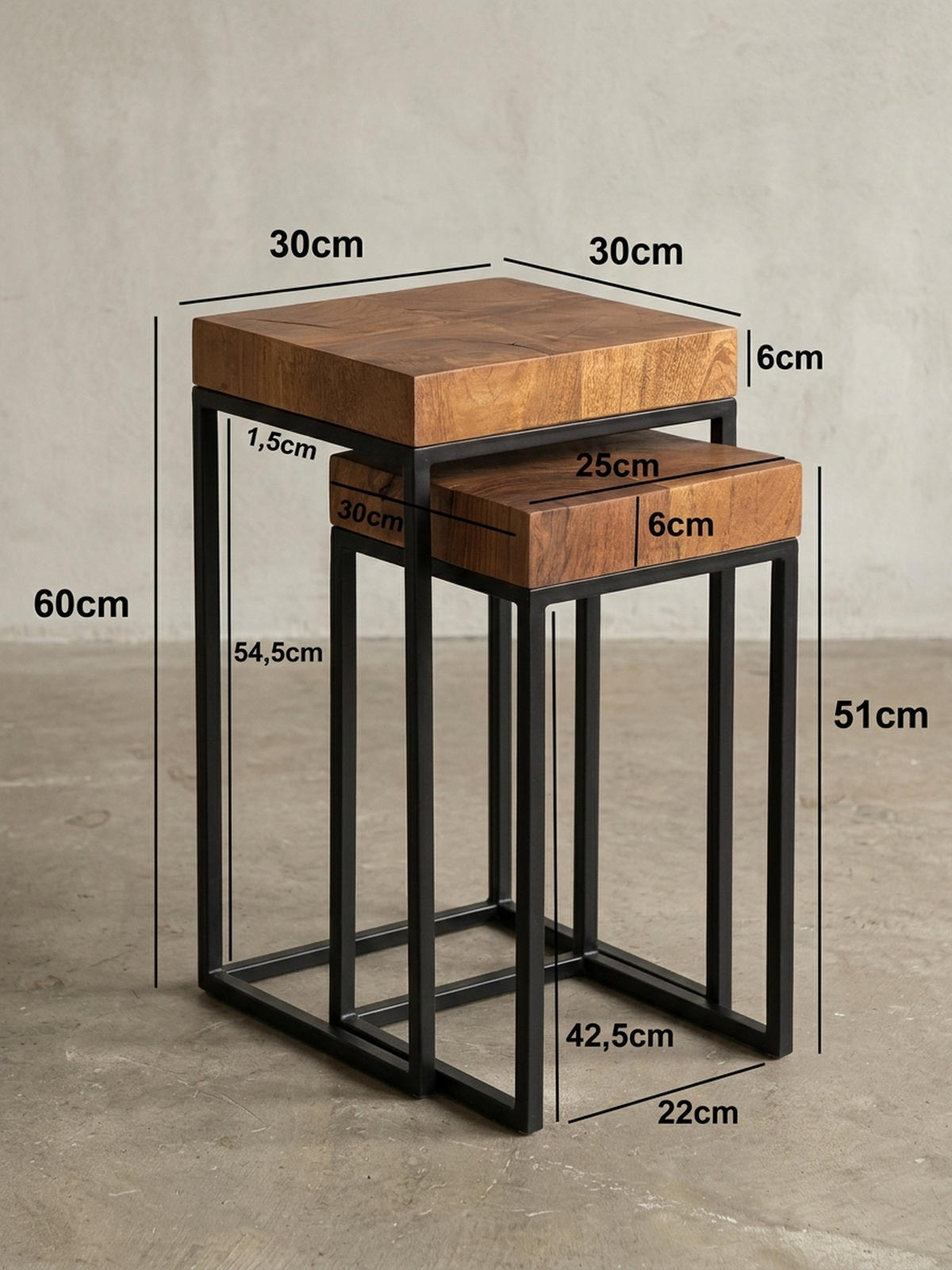 BEISTELLTISCH Set – 2-teilig Massivholz Metall handgefertigt Industrial - Schwarz/Braun, Holz/Metall (30/30/60cm) - KADIMA DESIGN