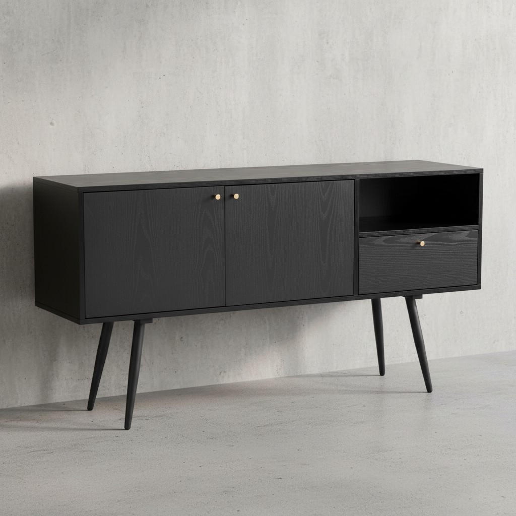 SIDEBOARD – Schwarz/Eiche-Dekor, 140x75x40 cm, mit 2 Türen, Schublade, offenes Fach - Schwarz, Holzwerkstoff/Metall (140/75/40cm) - KADIMA DESIGN