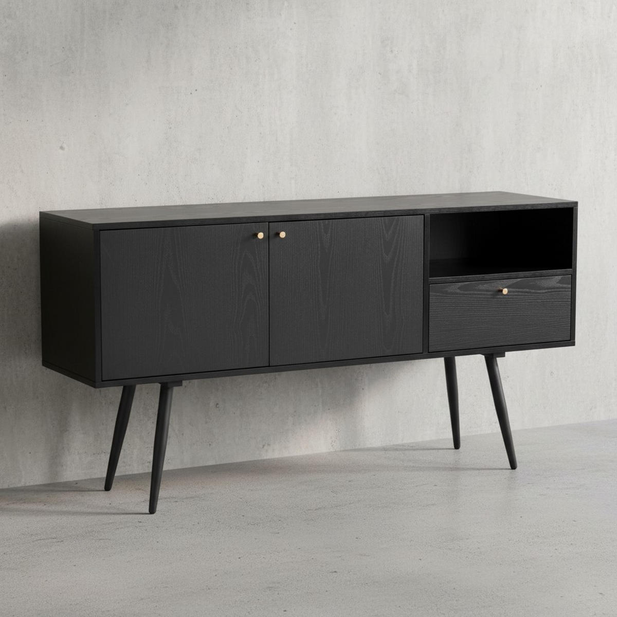 SIDEBOARD – Schwarz/Eiche-Dekor, 140x75x40 cm, mit 2 Türen, Schublade, offenes Fach - Schwarz, Holzwerkstoff/Metall (140/75/40cm) - KADIMA DESIGN