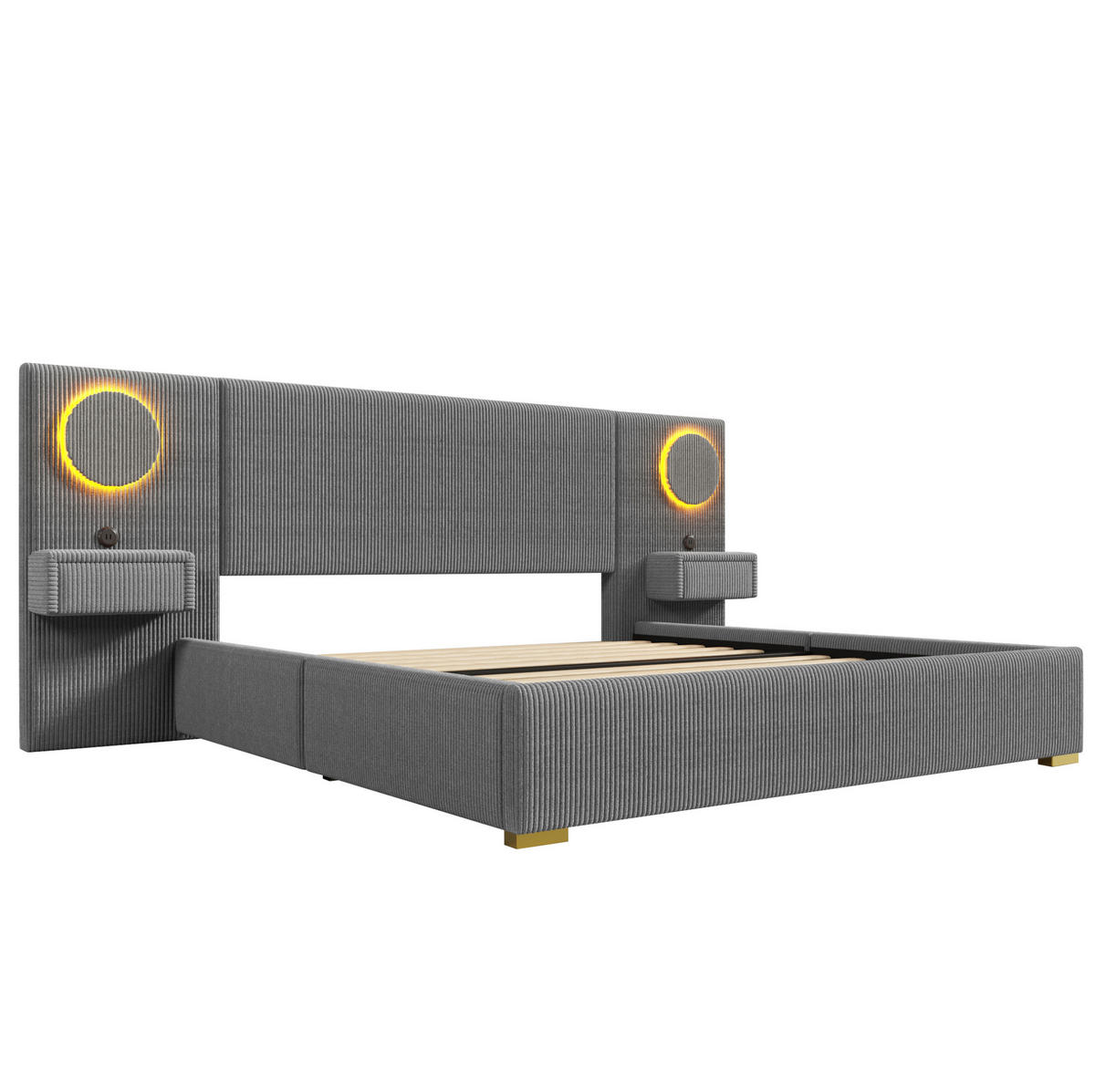 POLSTERBETT 180x200 cm in Grau mit LED-Kopfteil, USB-Anschlüssen und Nachttisch-Schubladen - Grau, Textil (180/200cm) - IVMEU