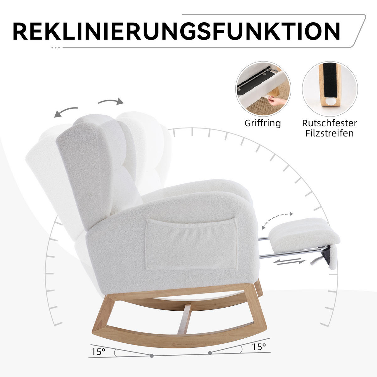 SCHAUKELSTUHL Teddy-Stoff mit ausziehbarer Fußstütze und Tasche 122.5/70/104 cm Weiß - Weiß, Textil (70/104/122.5cm) - Redom