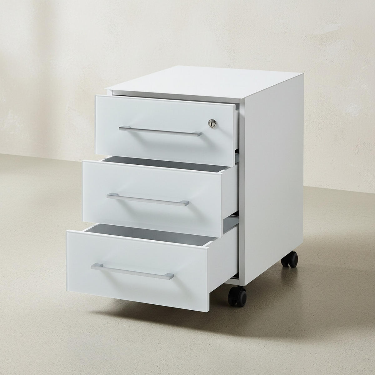 SCHREIBTISCH-SET MUENCHEN 160x80 cm Weiß | Glasplatte & Container - Weiß, Glas/Metall (80/160/75cm) - KADIMA DESIGN