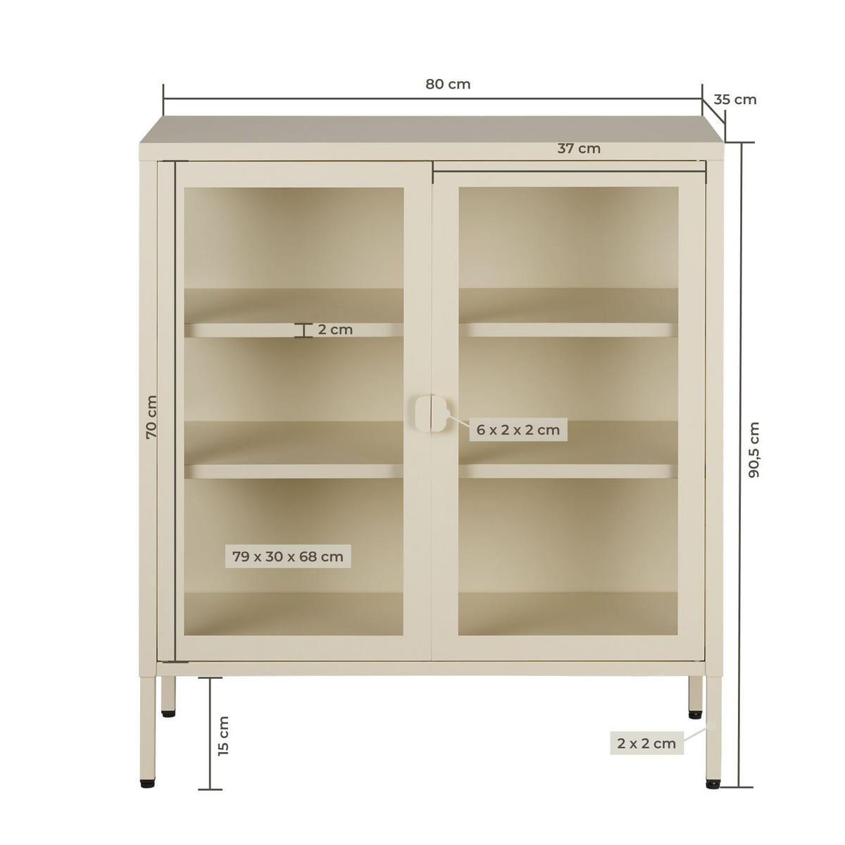 METALLVITRINE Baker, Kippschutz, höhenverstellbare Füße, creme - Creme, Metall (80/90.5/37cm) - tectake