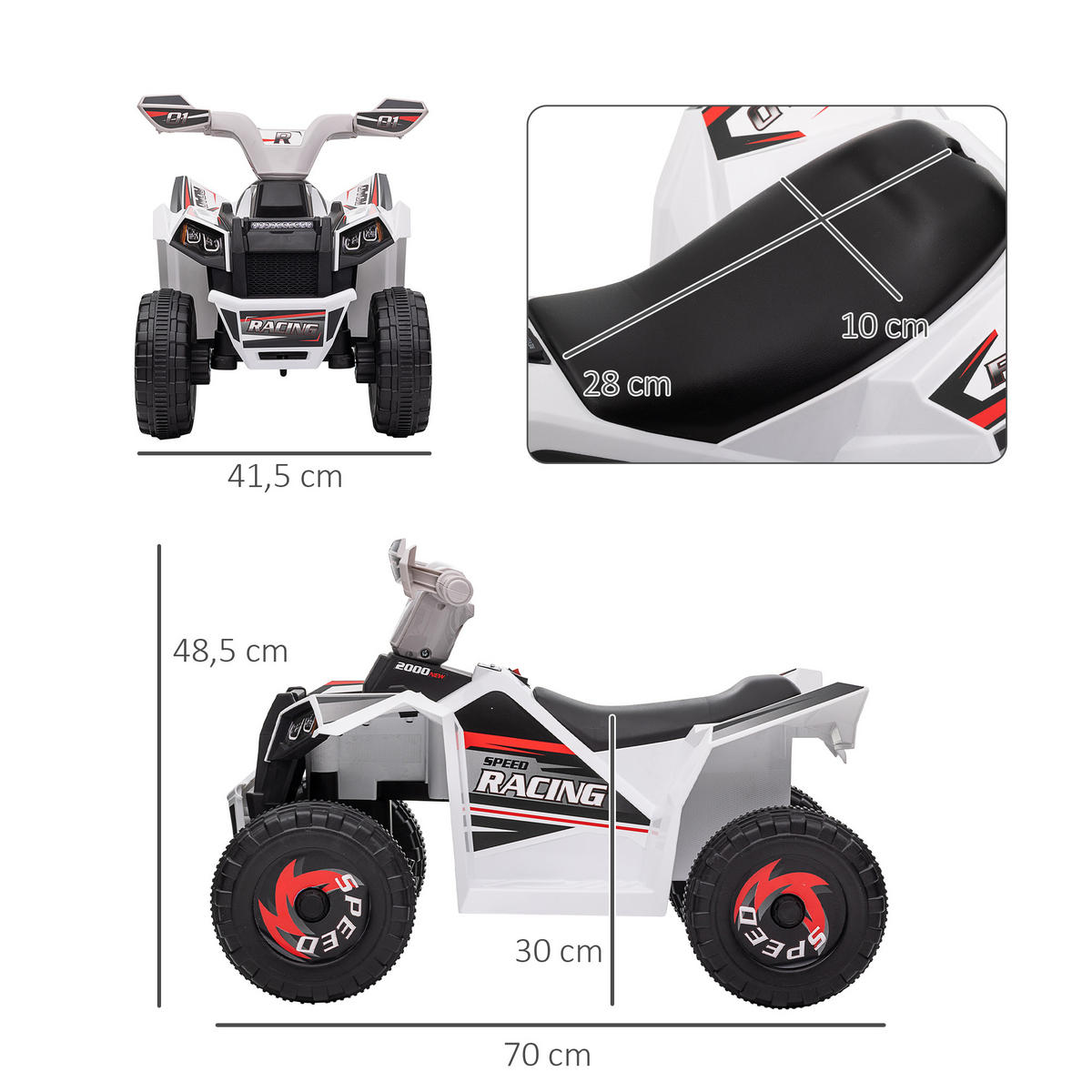 MINI ELEKTRO-QUAD KINDER, Blau/Rosa/Weiß, Kunststoff+ Metall - Weiß, Metall (70/41.5/48.5cm) - HOMCOM
