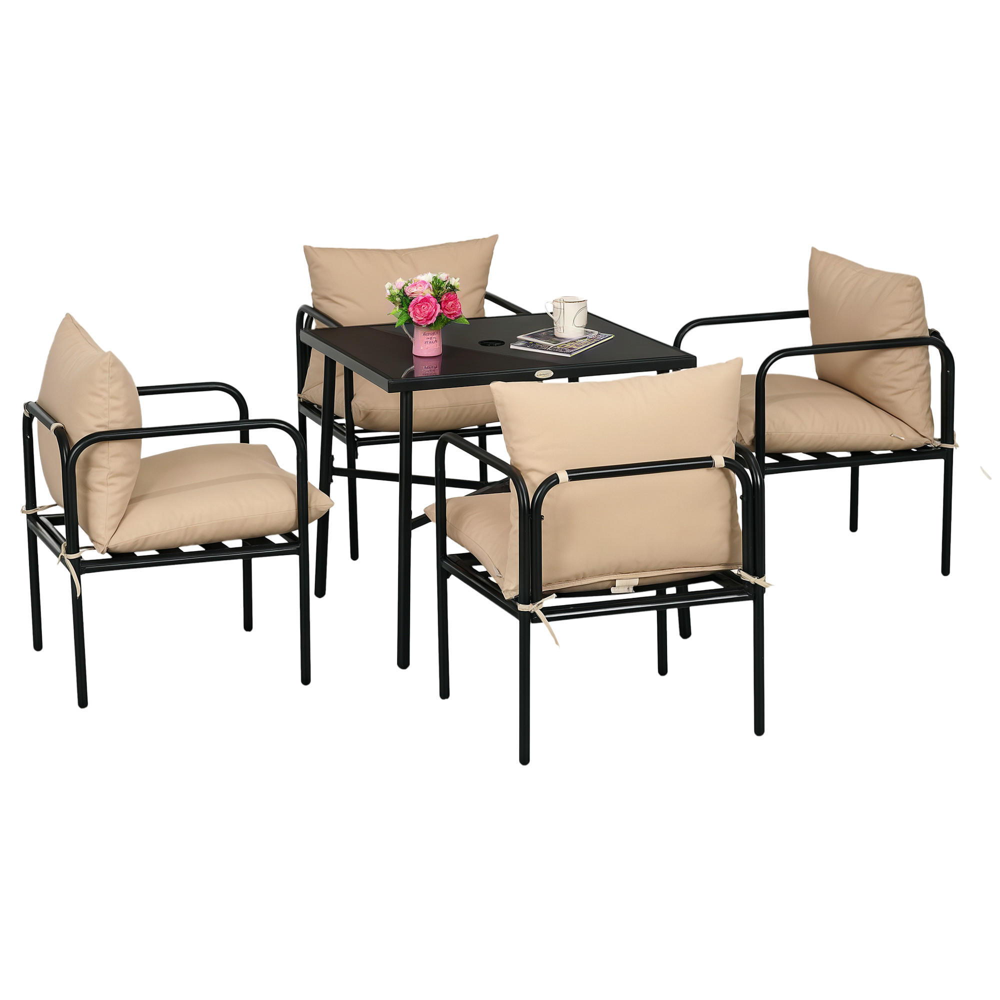 GARTENTISCHGRUPPE DE-18105 mit 12 cm dicken Polsterkissen Schwarz/Beige - Schwarz, Metall - ComfortXL
