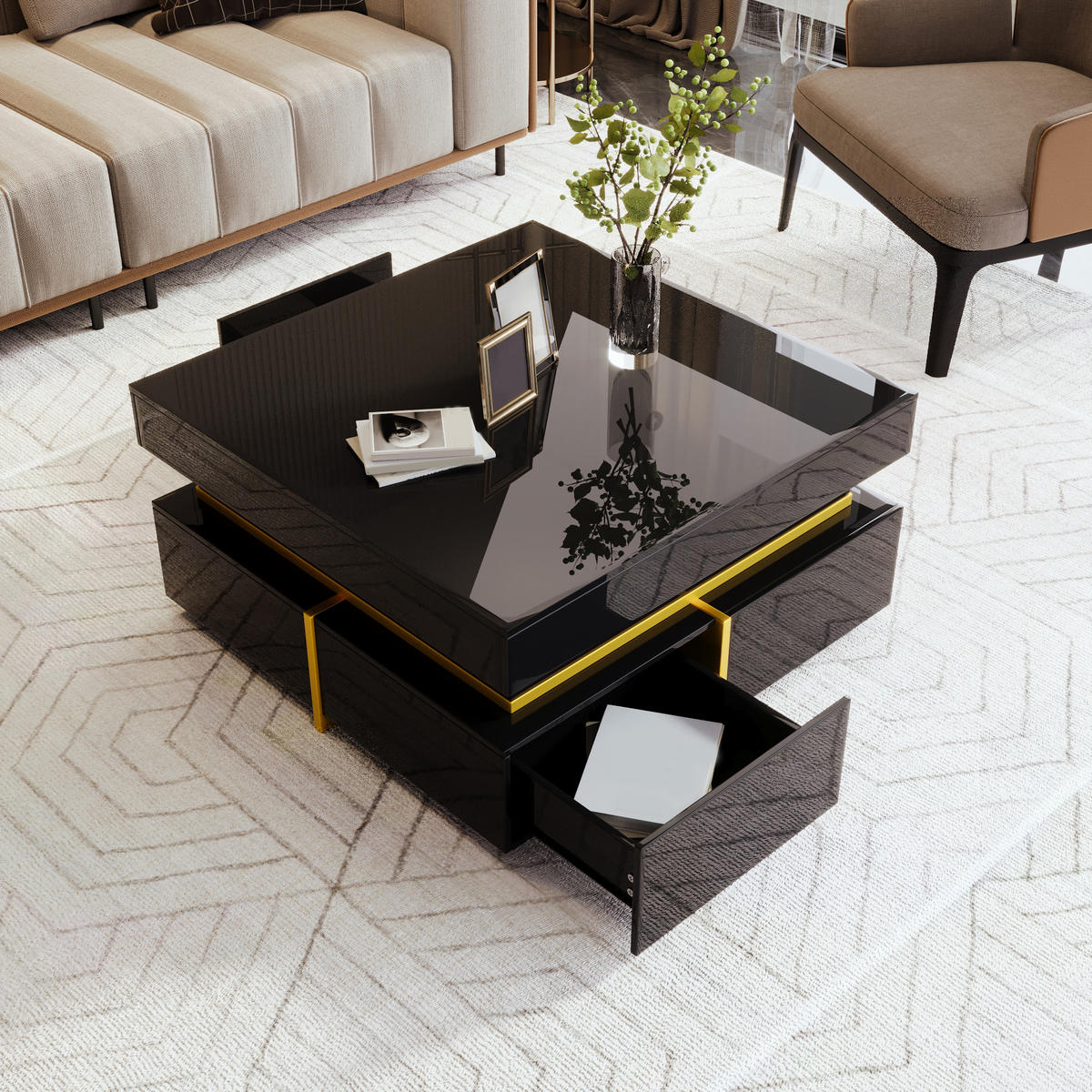 COUCHTISCH Hochglanz Weiß mit Schubladen und goldenen Akzenten - Schwarz, Holzwerkstoff (70/70/35.5cm) - Korfee