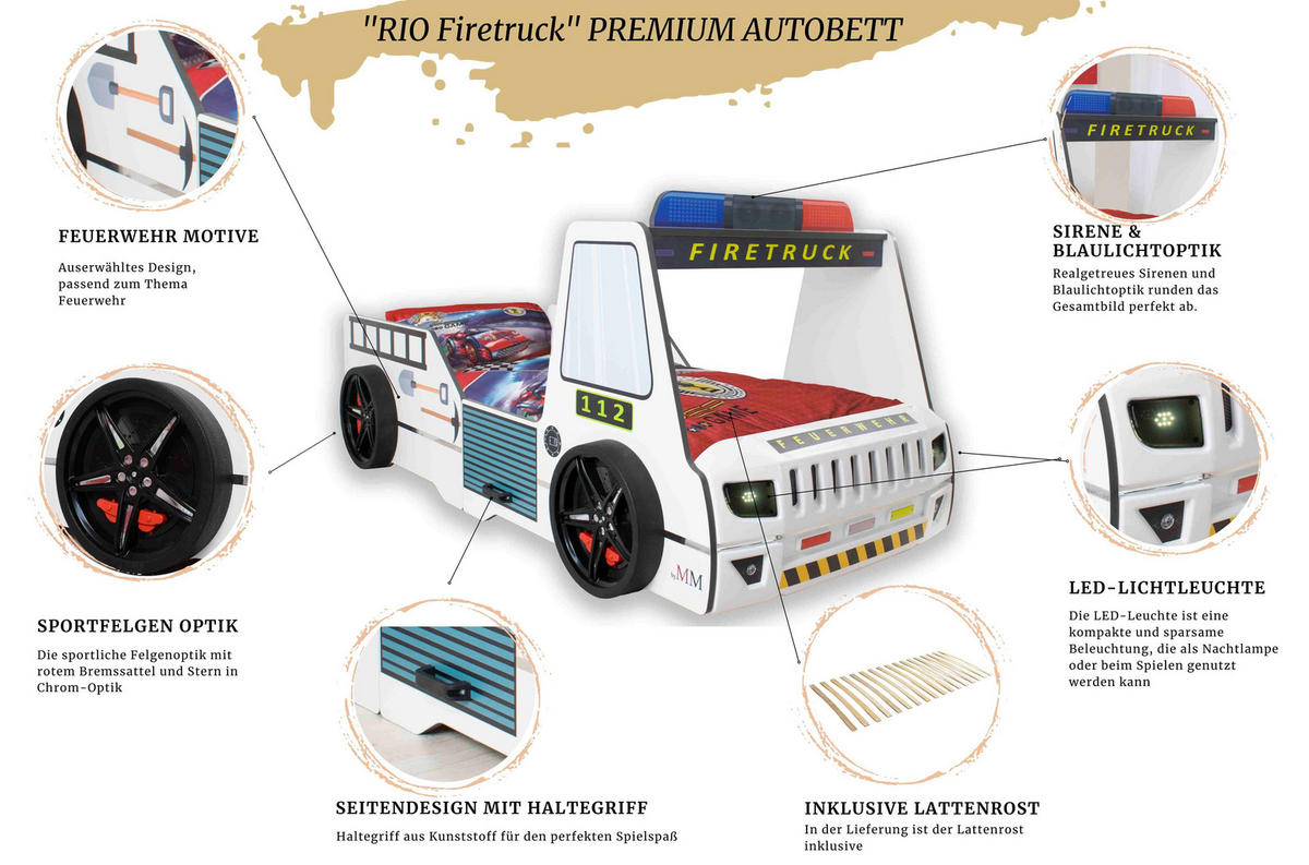 AUTOBETT Firetruck für Kinder 90x200 mit LED Leuchte und Lattenrost - Weiß, Holzwerkstoff (90/200cm) - Aileenstore