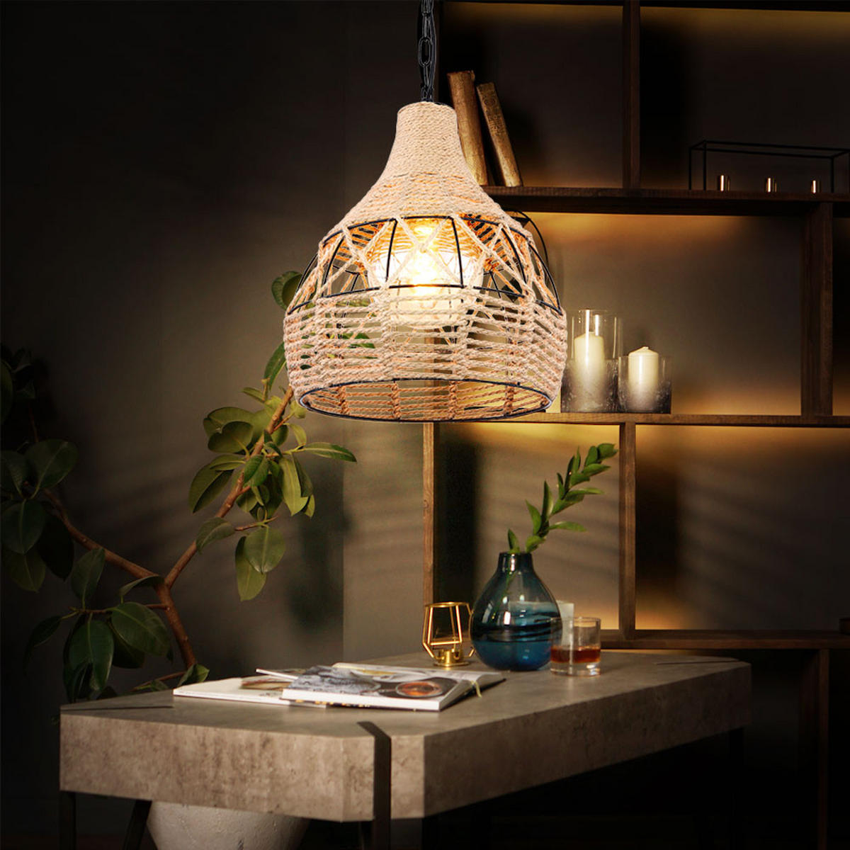 HÄNGELEUCHTE Hanfseil Braun Gitteroptik - Braun, Metall (30/30/135cm) - Globo Lighting