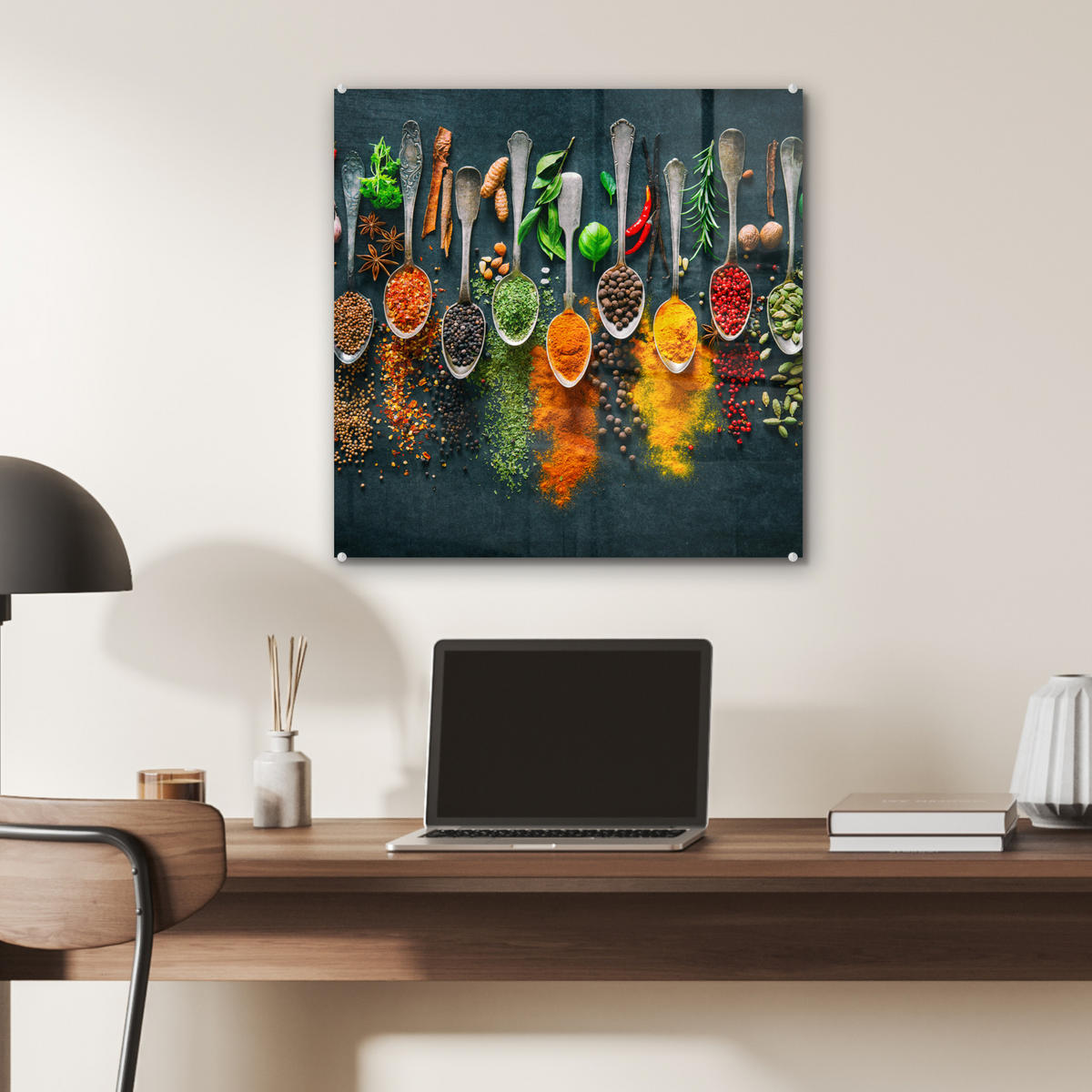 OBRAZ NA AKRYLOVOM SKLE Bylinky - korenie - lyžičky 50x50 cm - kari žltá, sklo (50/50cm) - MuchoWow