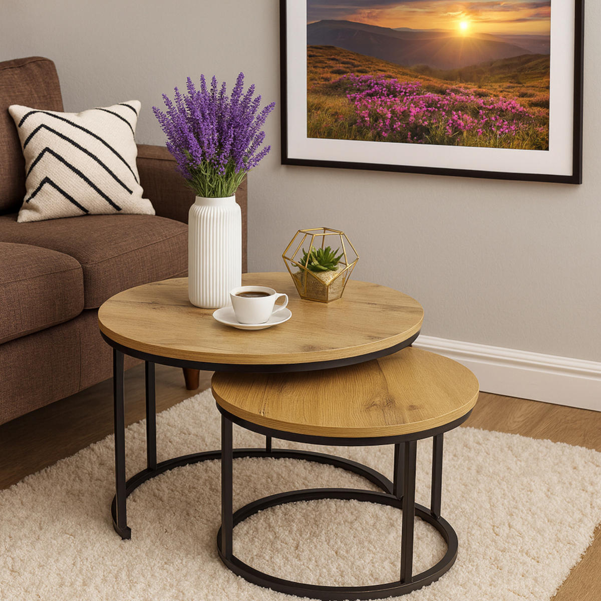 COUCHTISCH Holzoptik Metall Eichefarben Schwarz 2er Set 47x53x53 cm - Eichefarben/Schwarz, Holzwerkstoff/Metall (53/53/47cm) - Begryf