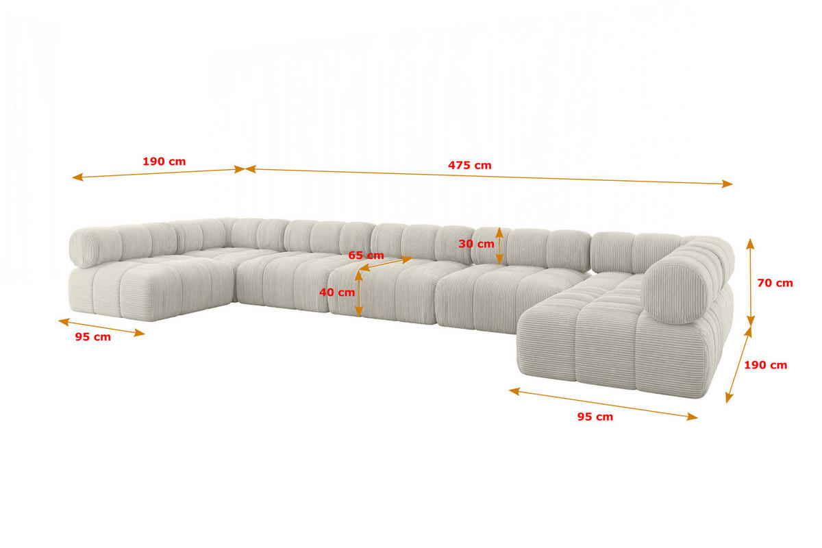 WOHNLANDSCHAFT modulares Sofa Garvo-U3 - 475x190x70 cm Hellgrau Cord - Hellgrau, Holzwerkstoff/Textil (475/70/190cm) - ALTDECOR
