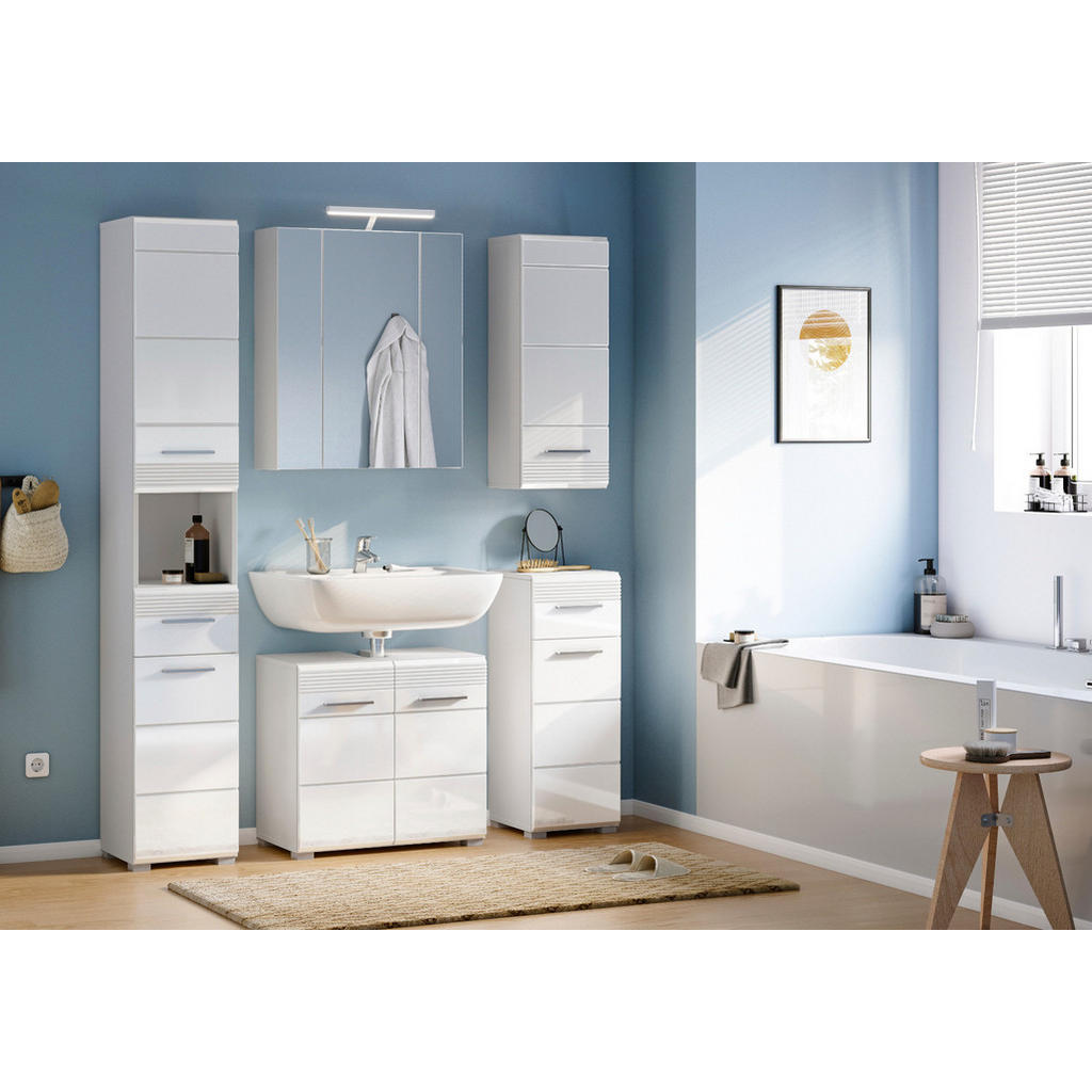 Thumbnail - Inn.Furn Badmöbel-Set, Weiß Hochglanz, Holzwerkstoff, Glas, Uni, Rechteckig, 150x182x34 cm, FSC Mix, Badezimmer, Badmöbe...