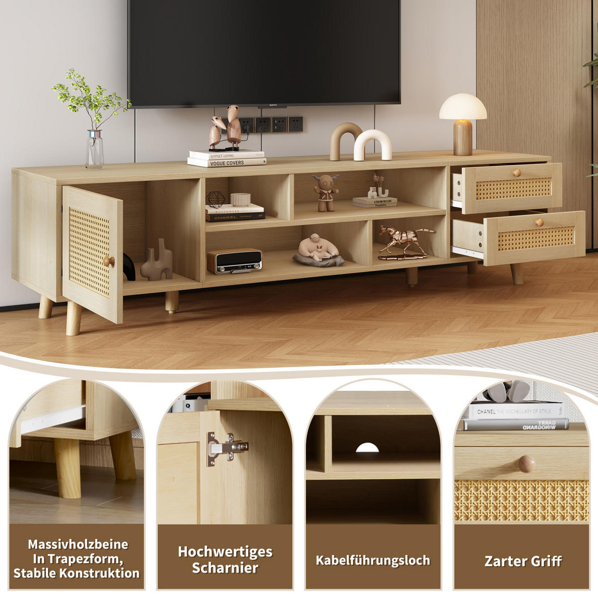 LOWBOARD 160/39/40.5 cm eichefarben aus Spanplatte mit Rattanfronten und Kabelführung - Naturfarben, Holzwerkstoff (39/40.5/160cm) - OKMYHOME