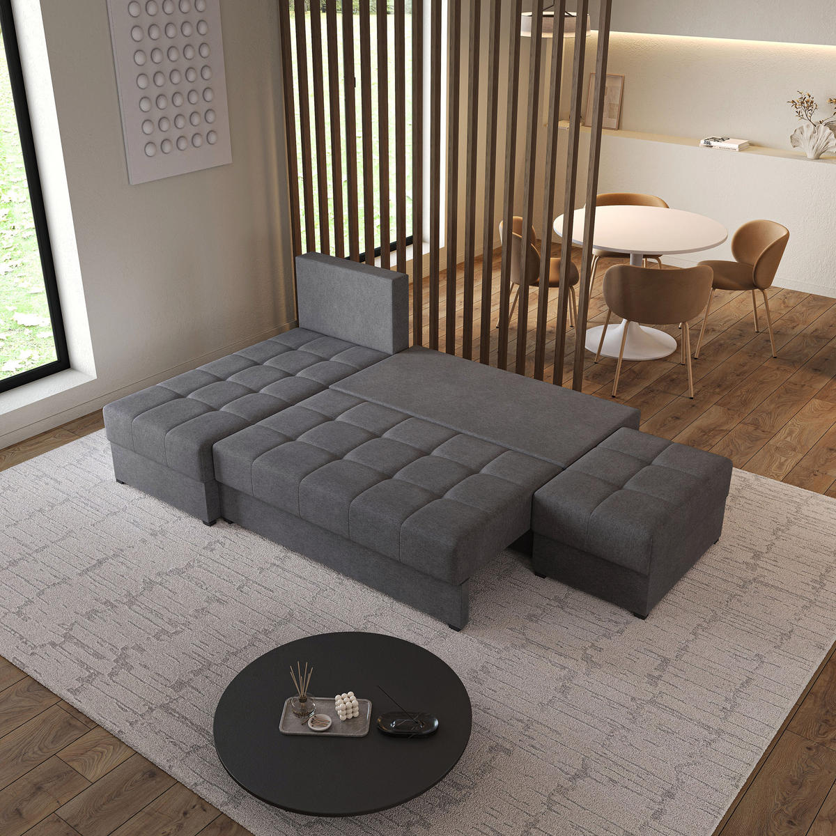 ECKSOFA NORVI Grau Geflochtener Stoff mit Schlaffunktion - Grau, Holz (251/143cm) - MASSENO