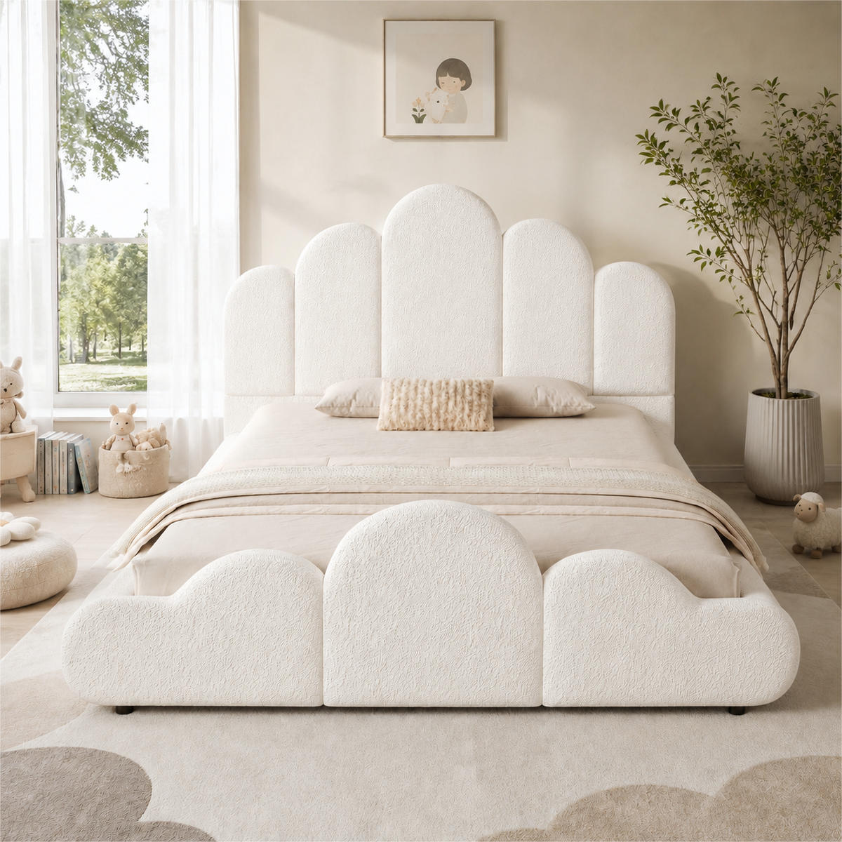 POLSTERBETT 140/200 cm in Beige mit Wolken-Design, abgerundeten Ecken, Bouclé und Lattenrost - Beige/Schwarz, Holzwerkstoff/Textil (140/200cm) - STILVORA