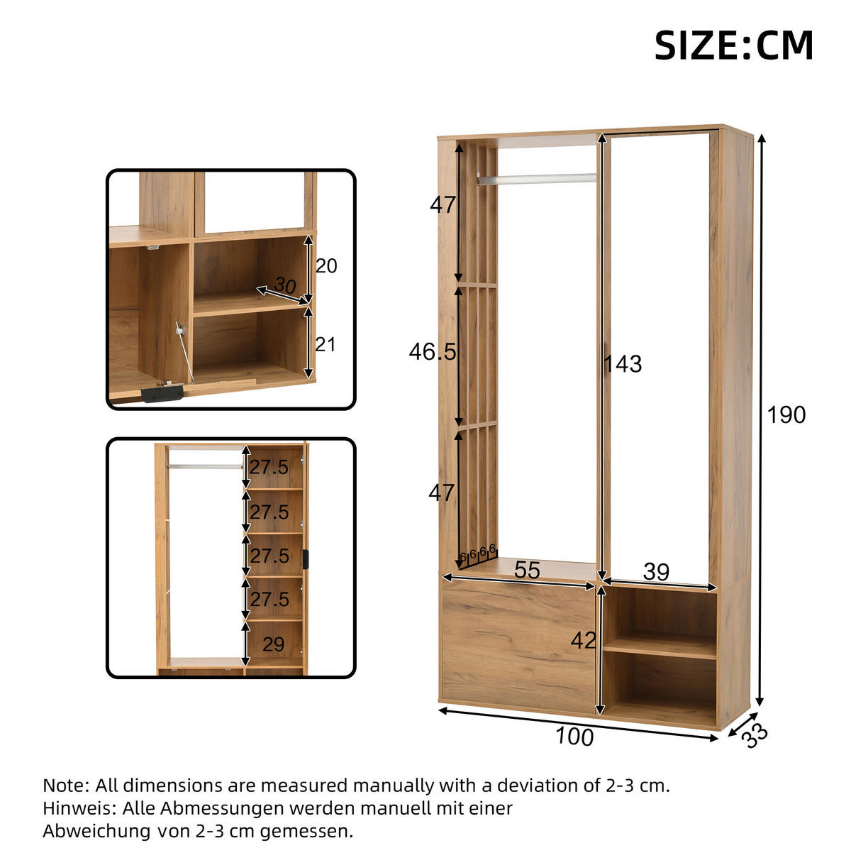 GARDEROBENSCHRANK 100/33/190 cm aus Spanplatte mit Spiegel und Kleiderstange Natur - Naturfarben, Holzwerkstoff (33/190/100cm) - Modenvie