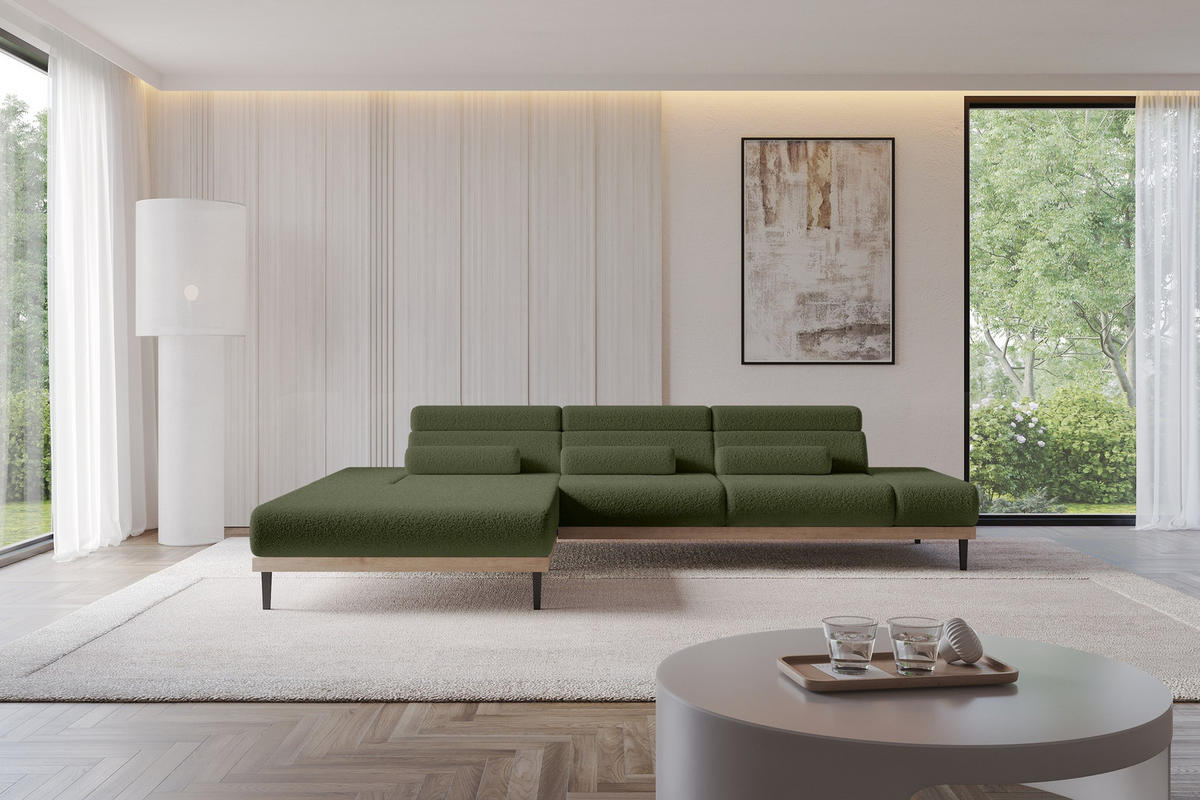 ELEKTRISCHES ECKSOFA Links MONA 316x205x85 Grün Bouclé - Olivgrün/Grün, Holzwerkstoff/Textil (316/205cm) - ALTDECOR
