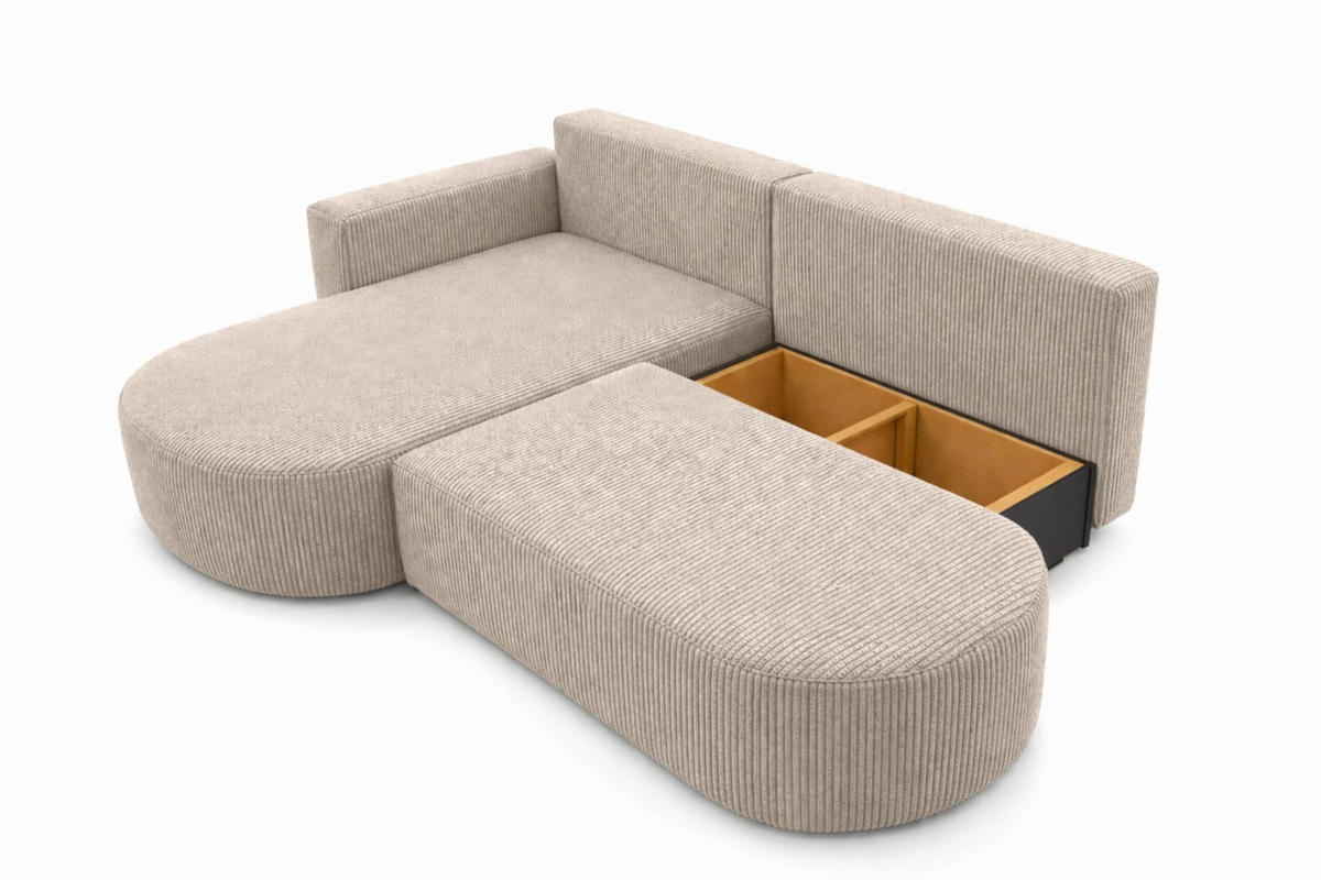 ECKSOFA Mit Schlaffunktion Und Bettkasten, Cordstoff Poso, Dunkelbeige, Links, ROUND ONE OPEN XL - Beige, Holz (262/175cm) - Kaiser Möbel