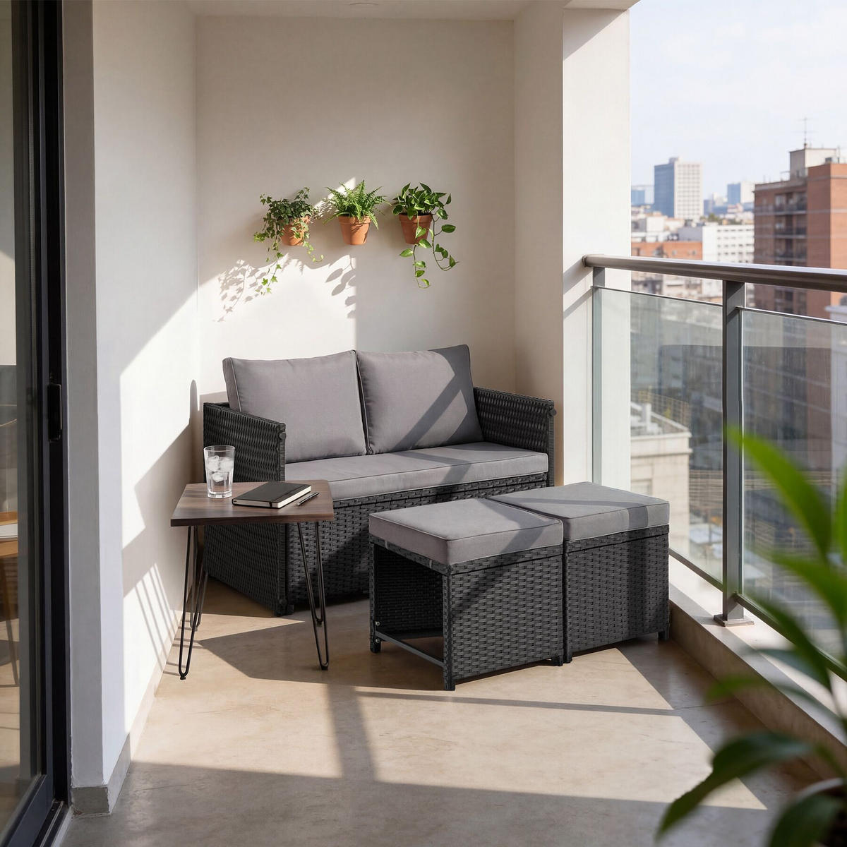 2-IN-1-RATTANLOUNGE-SET Monopoli, höhenverstellbare Tischfüße, schwarz - Schwarz, Kunststoff - tectake