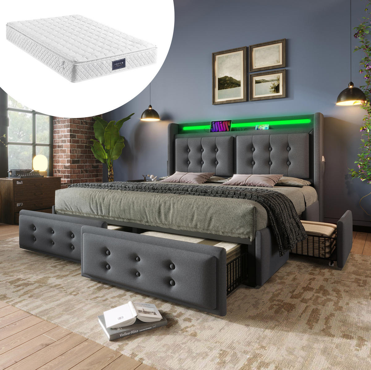 POLSTERBETT aus Baumwoll-Leinen 140x200 cm in Grau mit LED & Matratze - Grau, Textil (140/200cm) - Modfu