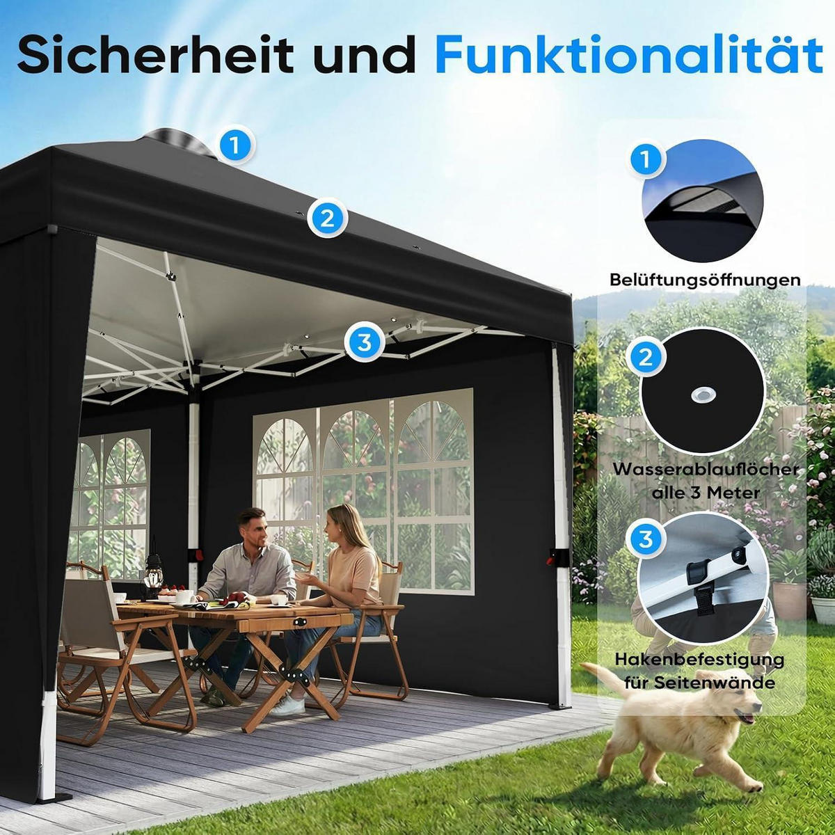 FALTPAVILLON 3x6m mit Seitenwänden Schwarz Metall - Schwarz, Metall (585/285/293cm)