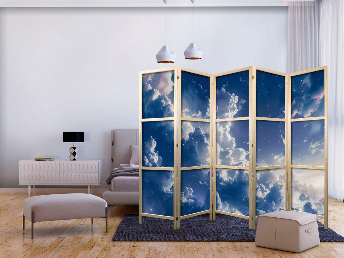 PARAVENT Japanischer 5-tlg 225x172 cm Abendhimmel - Blau, Holz/Textil (225/172/3cm) - Muralo
