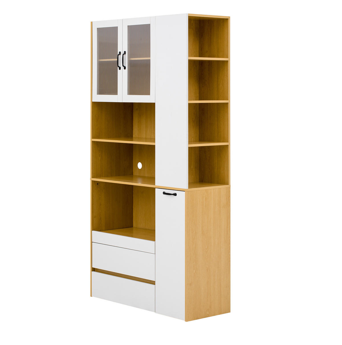 HIGHBOARD 100/40/200 cm in Weiß/Natur mit Riffelglas und Schubladen - Weiß, Holzwerkstoff (100/200/40cm) - Flora Grace