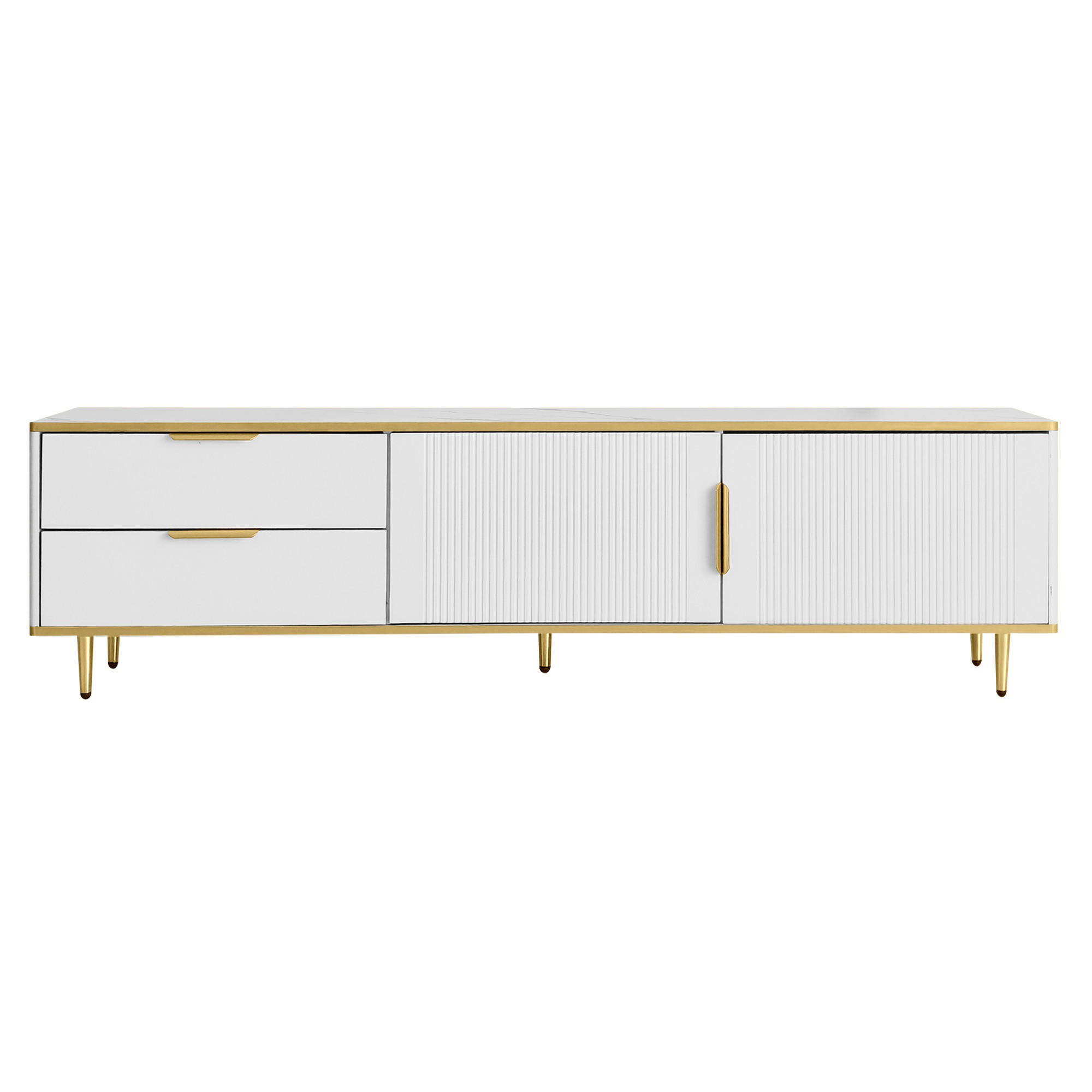 LOWBOARD in Weiß geschnitzter Oberfläche und Marmoroptik für Wohnzimmer, B170/T37/H45cm - Goldfarben/Weiß, Holzwerkstoff/Metall (175/45/40cm) - STILVORA