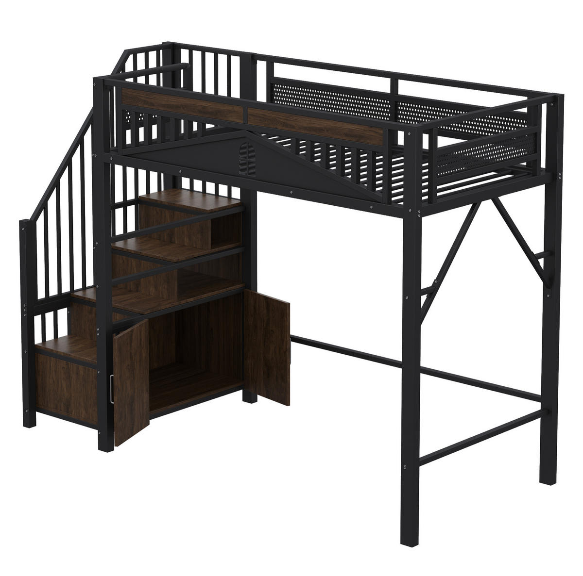 HOCHBETT aus Metall und Holz 90x200 cm Schwarz mit Stauraumtreppe und Fensterdesign - Schwarz, Metall (90/200cm) - IVMEU