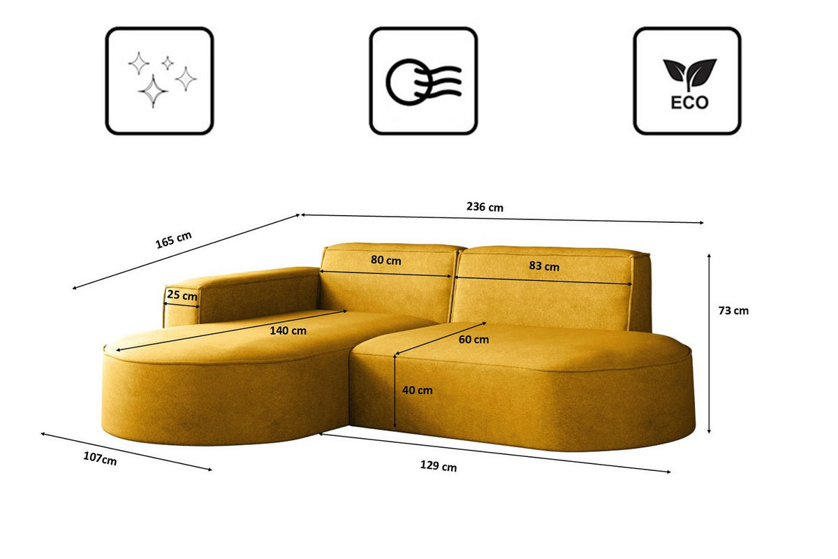 ECKSOFA Modena Modern Und Komfort Velours Stoff Salvador Links Gelb - Gelb, Holz/Textil (165/236cm) - Kaiser Möbel