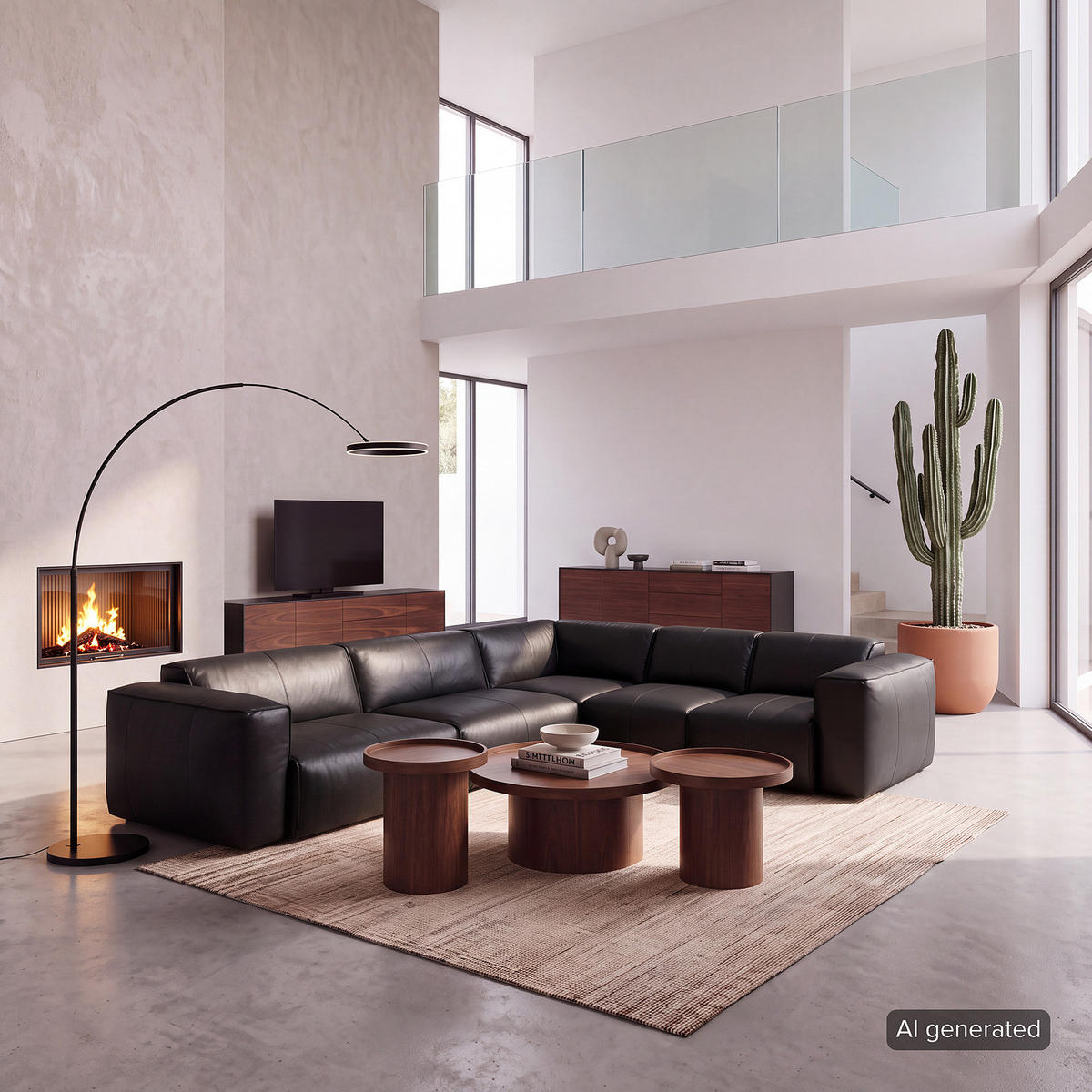 ECKSOFA mit Rundecke - Schwarz, Leder/Kunststoff (325/260cm) - home24