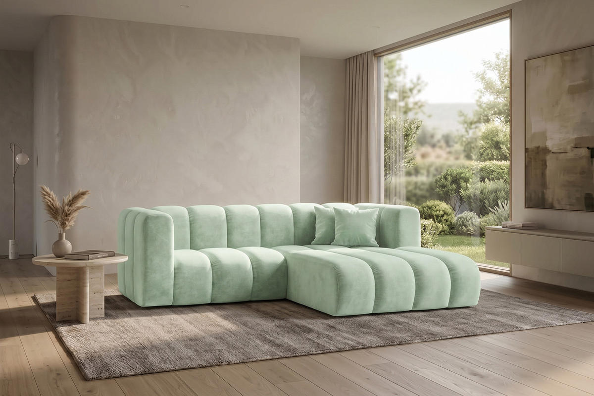 ECKSOFA Modulares In L-Form, Velvet-Stoff Riviera, Mintz, Rechts, GRAND - Mintgrün, Holz (227/179cm) - Kaiser Möbel