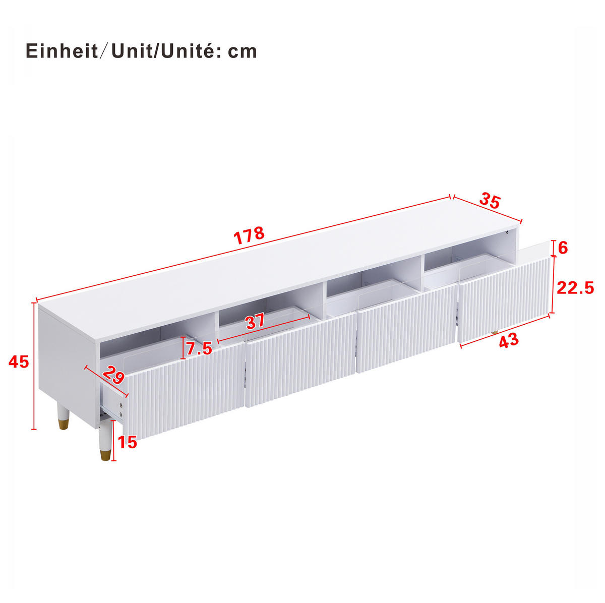 TV-ELEMENT 178/35/45 cm mit 4 Türen und LED-Beleuchtung in Weiß - Weiß, Holzwerkstoff (178/45/35cm) - BEAOK