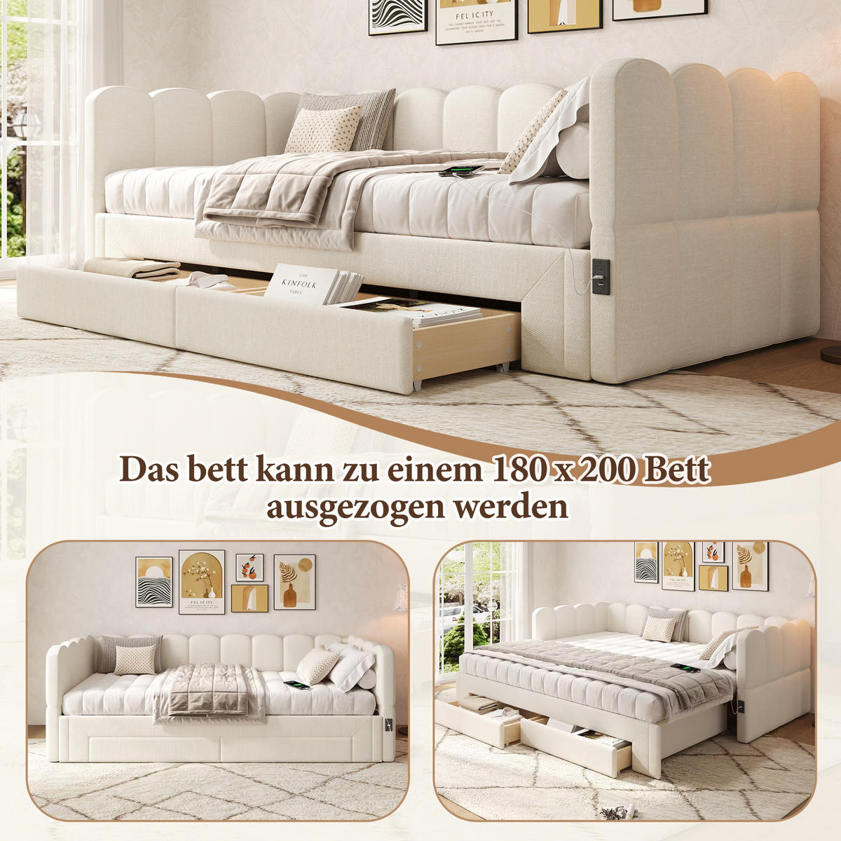 POLSTERBETT 90/200 cm beige aus Leinen mit Ausziehfunktion und USB-Anschluss - Weiß, Textil (90/200cm) - OKWISH