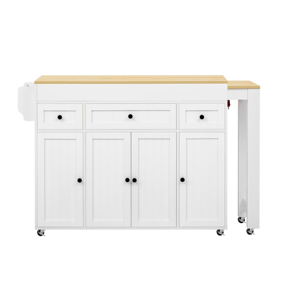 KÜCHENINSEL auf Rollen 137-190.6/45.2/92 cm Weiß mit 3 Schubladen und Gewürzregal - Weiß, Holz (45.2/92/137cm) - Oxeza