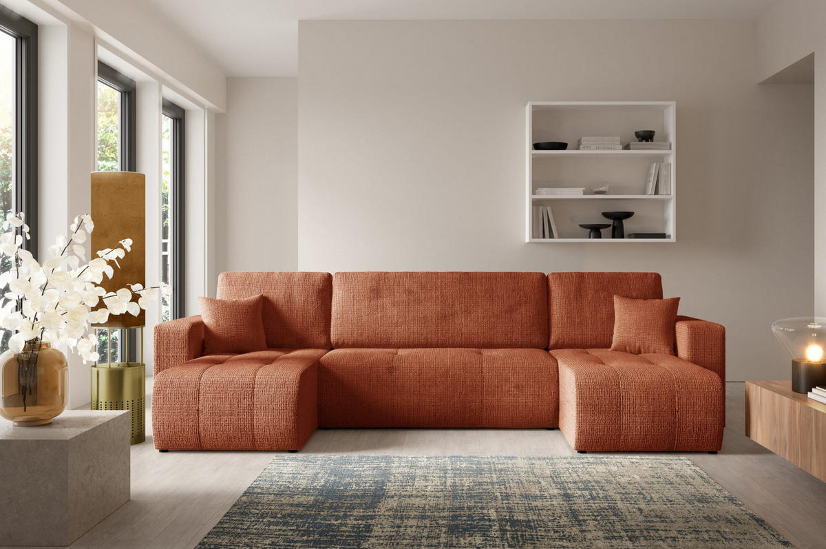 WOHNLANDSCHAFT mit Schlaffunktion Orange - Orange, Textil (315/70/145cm) - Furnisell