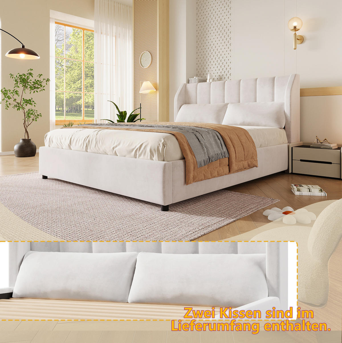 POLSTERBETT 140x200 cm in Beige mit Lattenrost und gepolstertem Kopfteil - Beige, Textil (140/200cm) - IVMEU