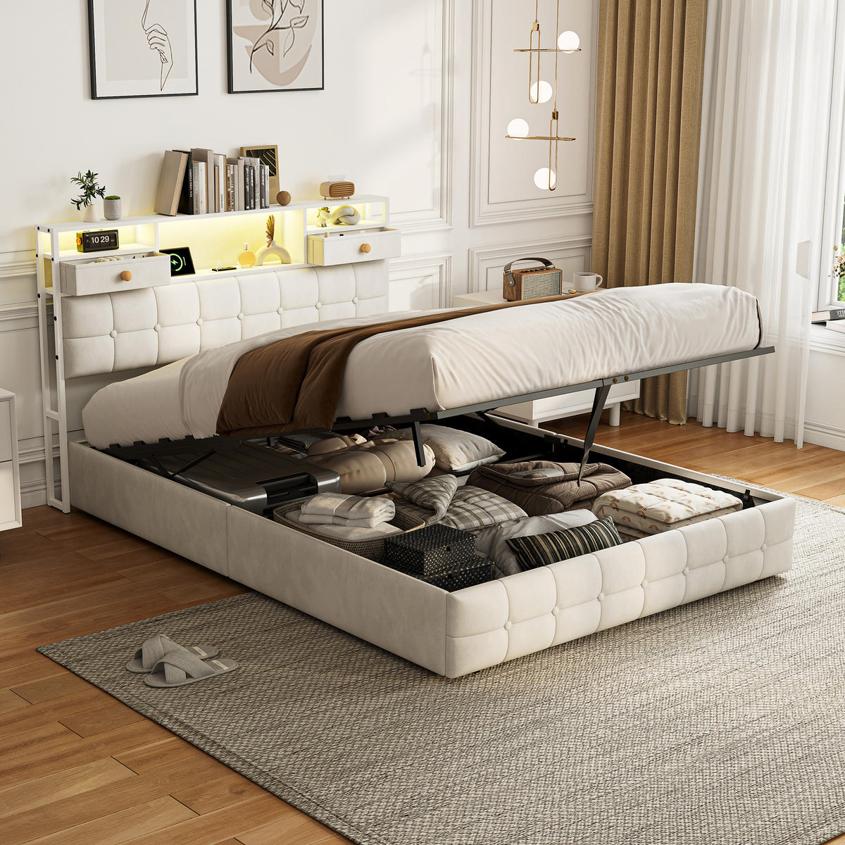 STAURAUMBETT 140/200 cm Beige, Polsterbett mit Bettkasten, LED und USB-Anschluss - Beige, Holz/Textil (140/200cm) - PARAFTA HOME