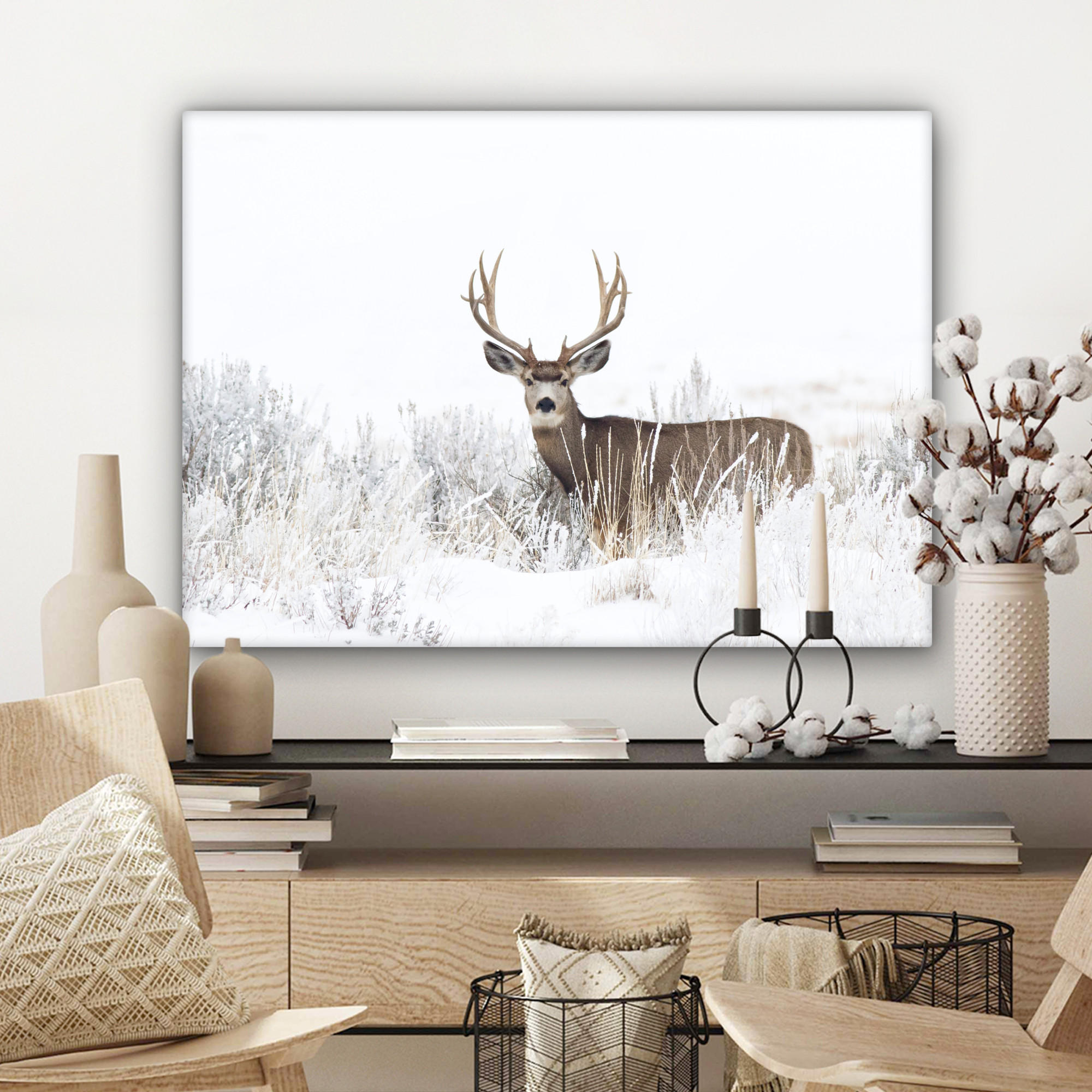 LEINWANDBILD Hirsche - Winter - Schnee - Tiere - Jahreszeiten - Weiß Wandbilder 80x60 cm - Hellbraun, Textil (80/60cm) - MuchoWow